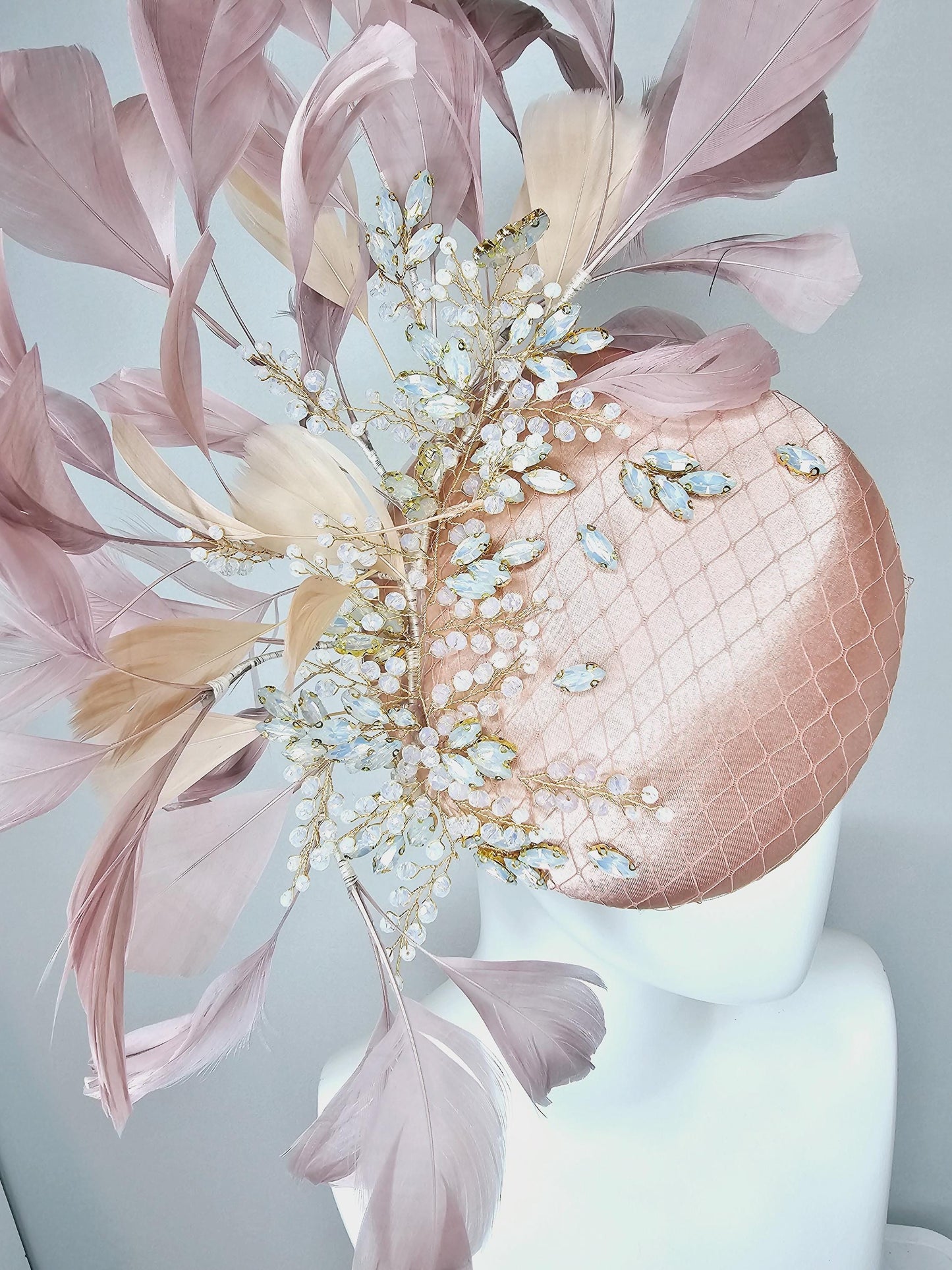 kentucky derby hat fascinator light pink champagne satin w/ netting and white crystal beaded jewels stems,mauve taupe neutral beige feathers