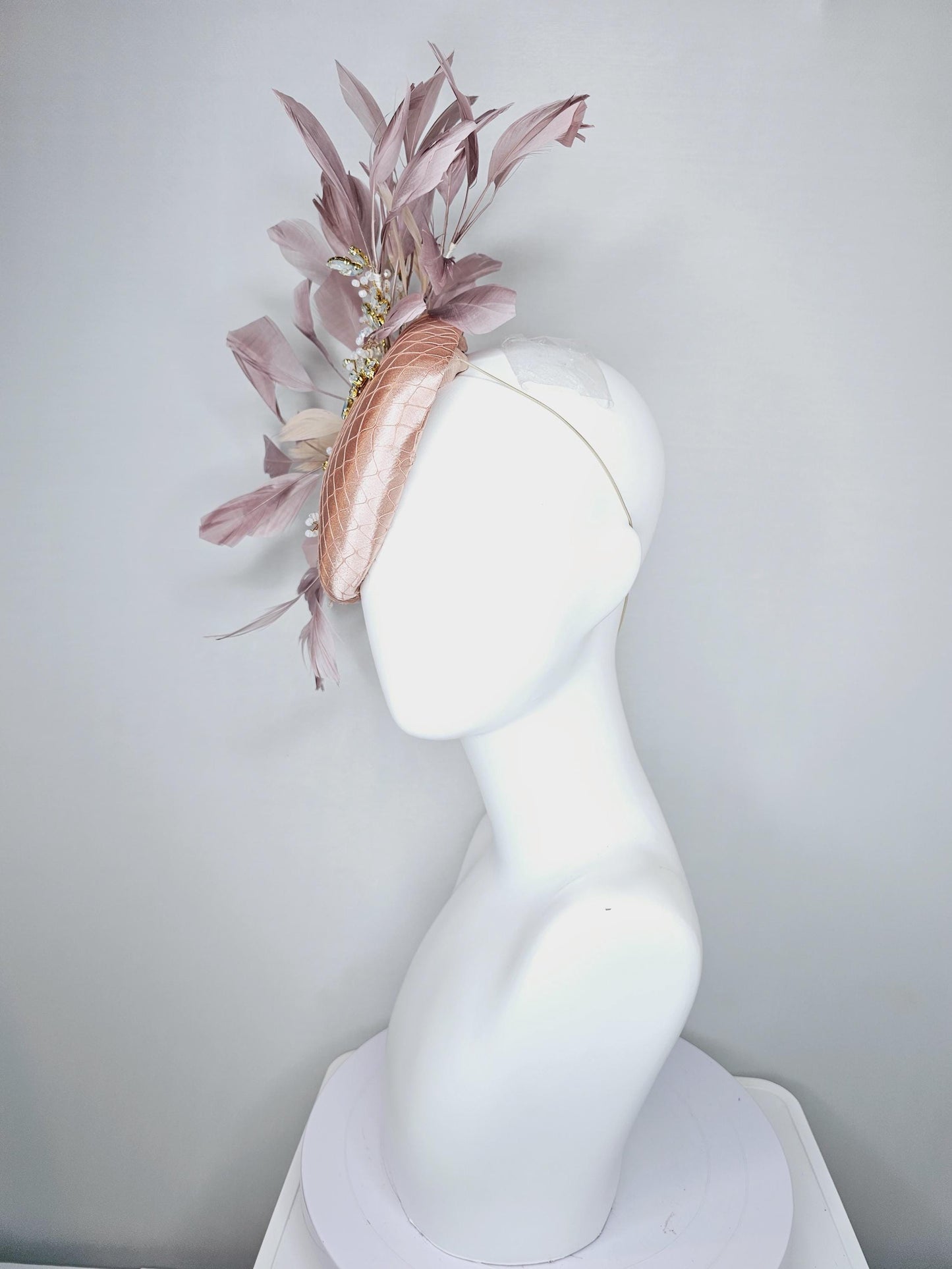 kentucky derby hat fascinator light pink champagne satin w/ netting and white crystal beaded jewels stems,mauve taupe neutral beige feathers