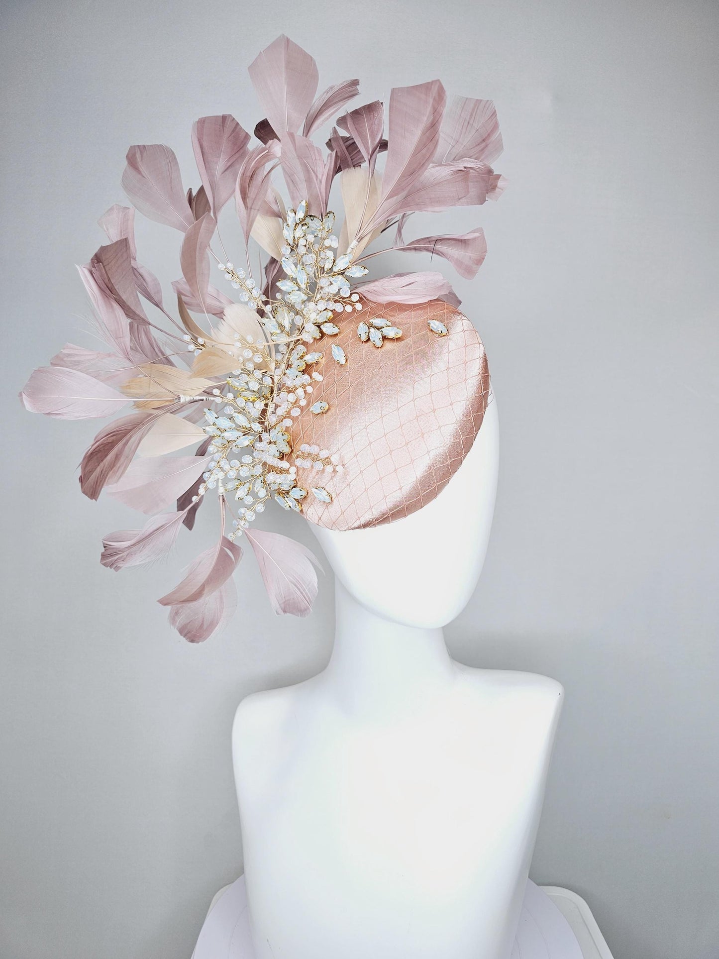 kentucky derby hat fascinator light pink champagne satin w/ netting and white crystal beaded jewels stems,mauve taupe neutral beige feathers
