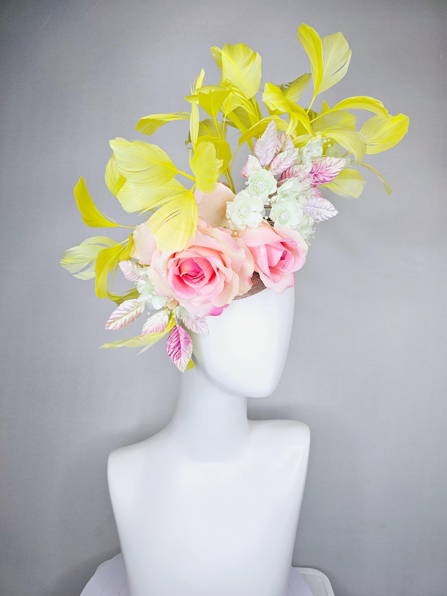 kentucky derby hat fascinator pink ombre satin roses, ivory white organza satin flowers, pink ombre leaves, yellow branching feathers