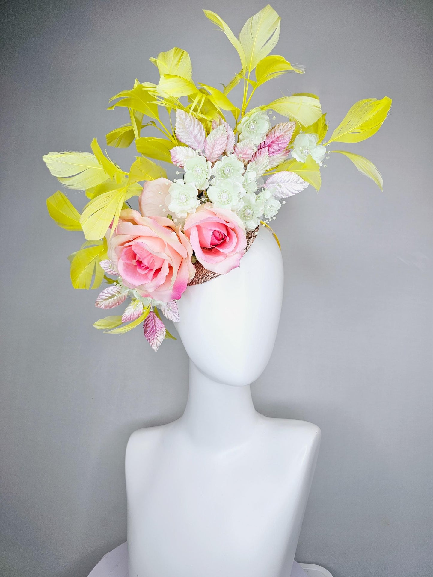 kentucky derby hat fascinator pink ombre satin roses, ivory white organza satin flowers, pink ombre leaves, yellow branching feathers