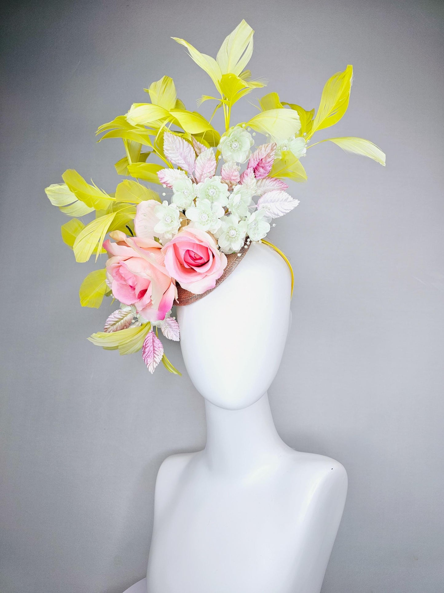 kentucky derby hat fascinator pink ombre satin roses, ivory white organza satin flowers, pink ombre leaves, yellow branching feathers