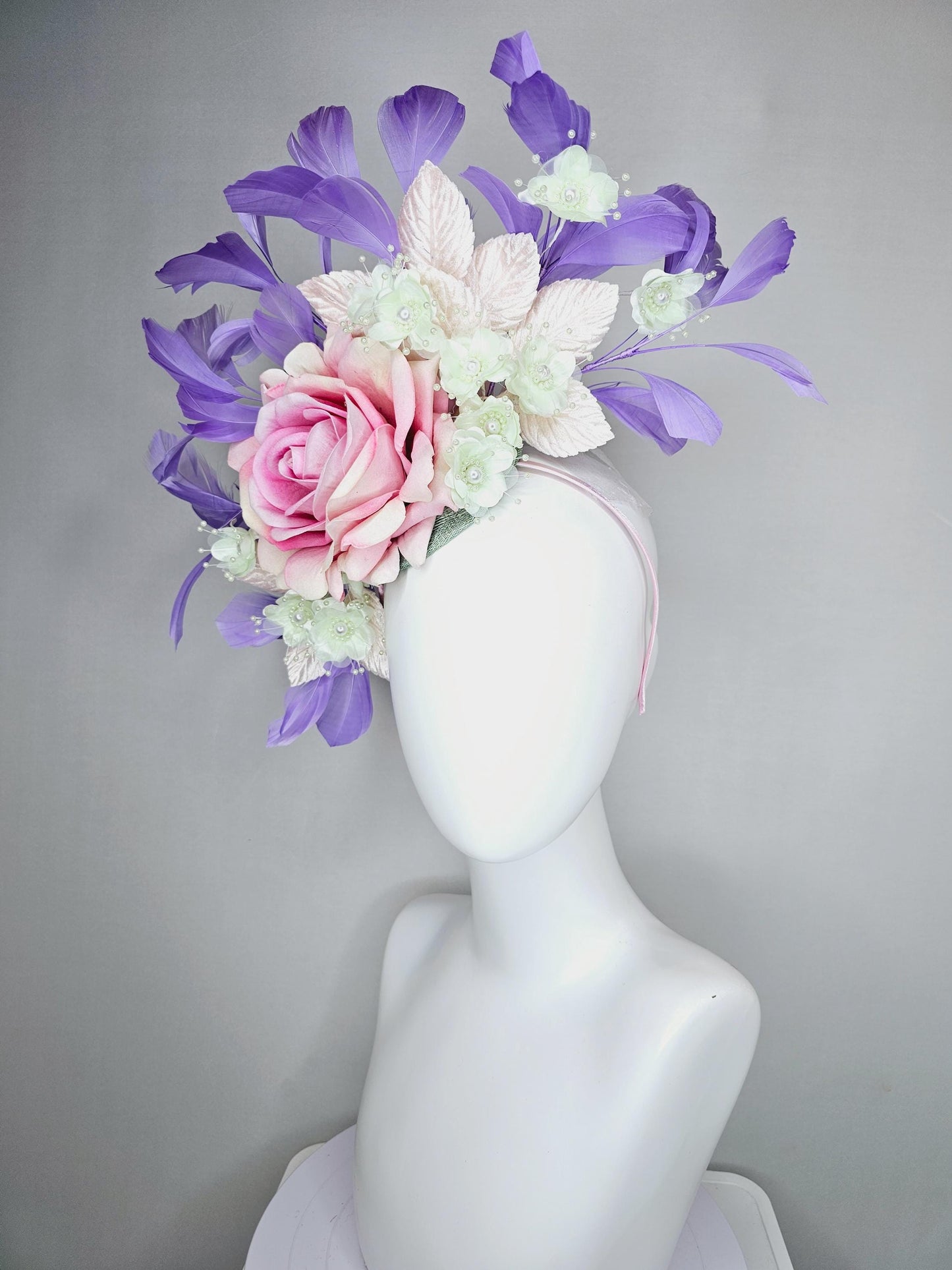 kentucky derby hat fascinator pink ombre satin rose, ivory white organza satin flowers, light pink leaves,lavender purple branching feathers
