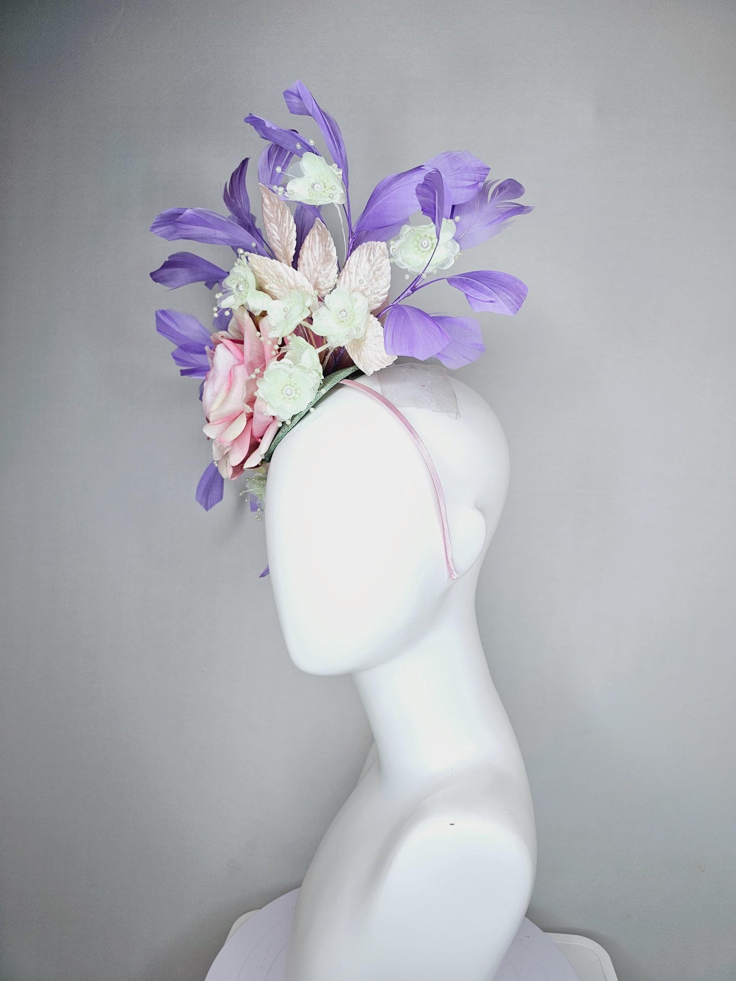 kentucky derby hat fascinator pink ombre satin rose, ivory white organza satin flowers, light pink leaves,lavender purple branching feathers