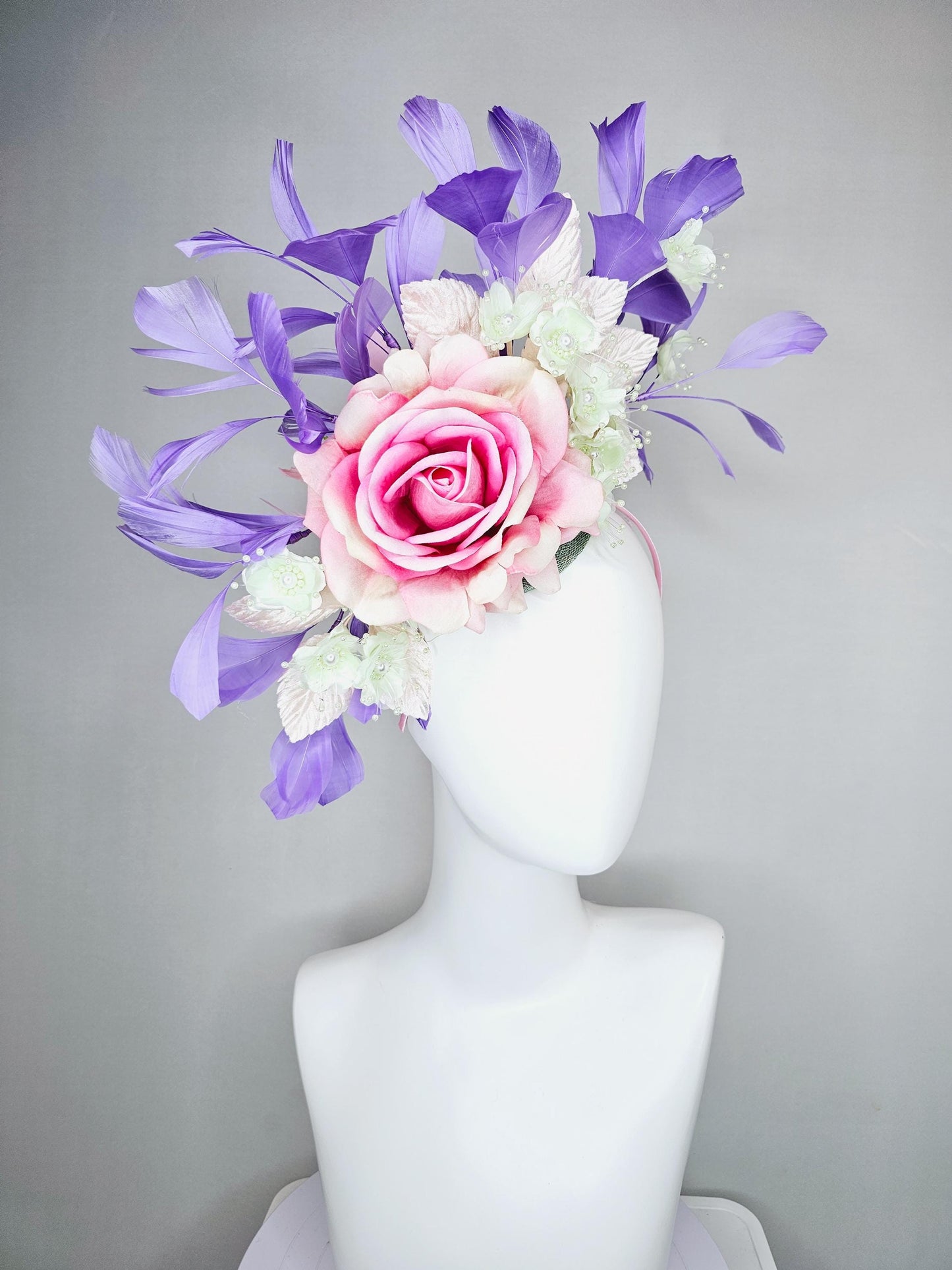 kentucky derby hat fascinator pink ombre satin rose, ivory white organza satin flowers, light pink leaves,lavender purple branching feathers