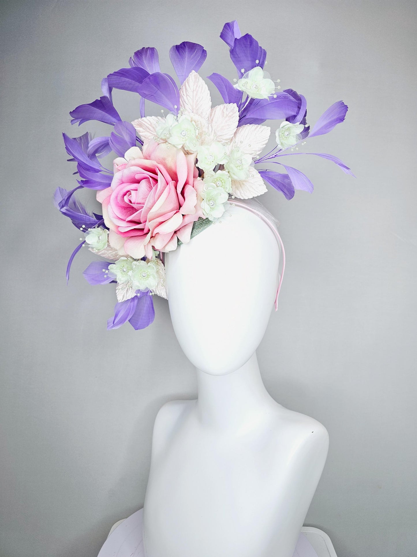 kentucky derby hat fascinator pink ombre satin rose, ivory white organza satin flowers, light pink leaves,lavender purple branching feathers