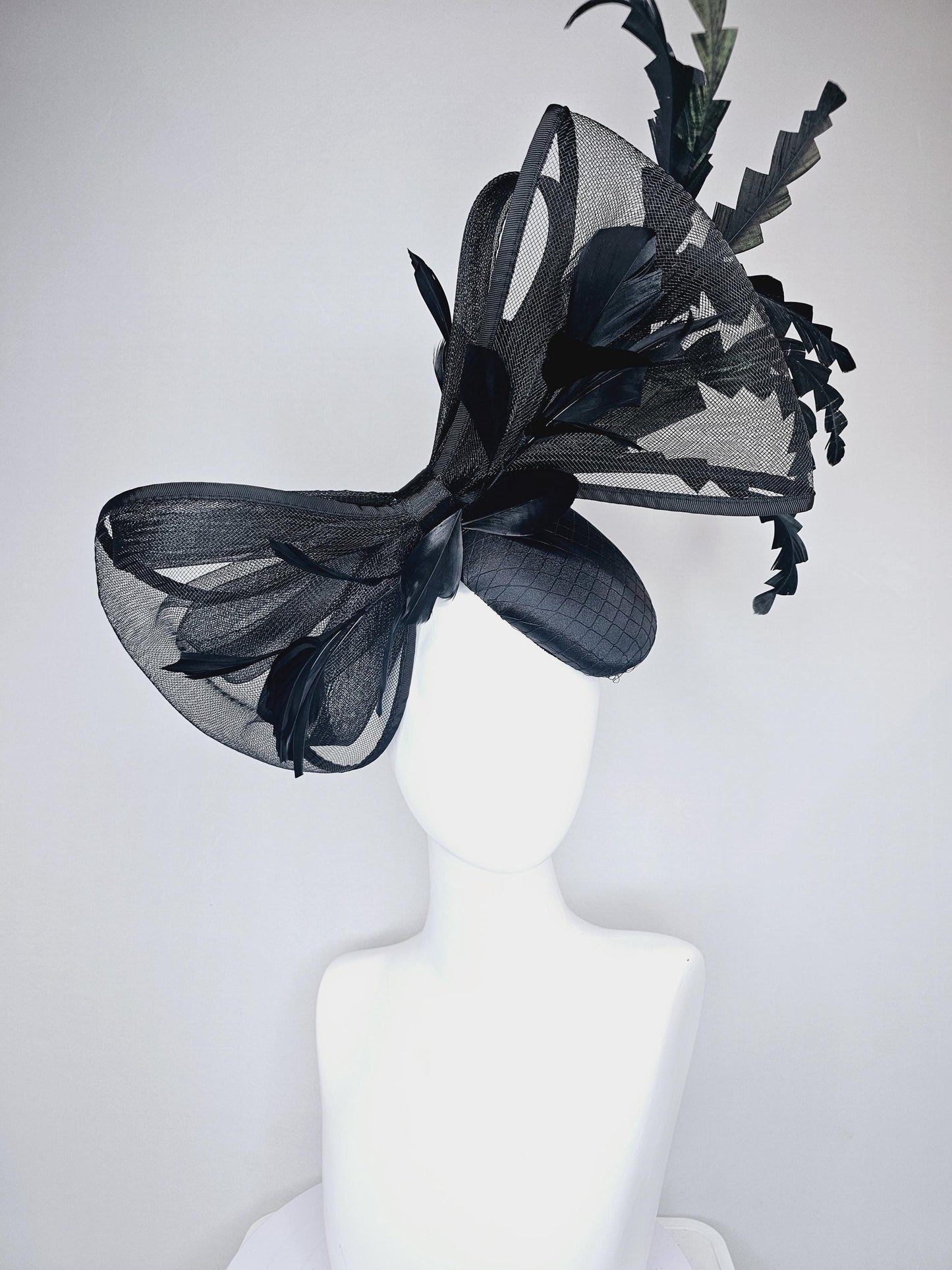 kentucky derby hat fascinator black satin with netting with large black mesh bow and black zigzag branching feathers