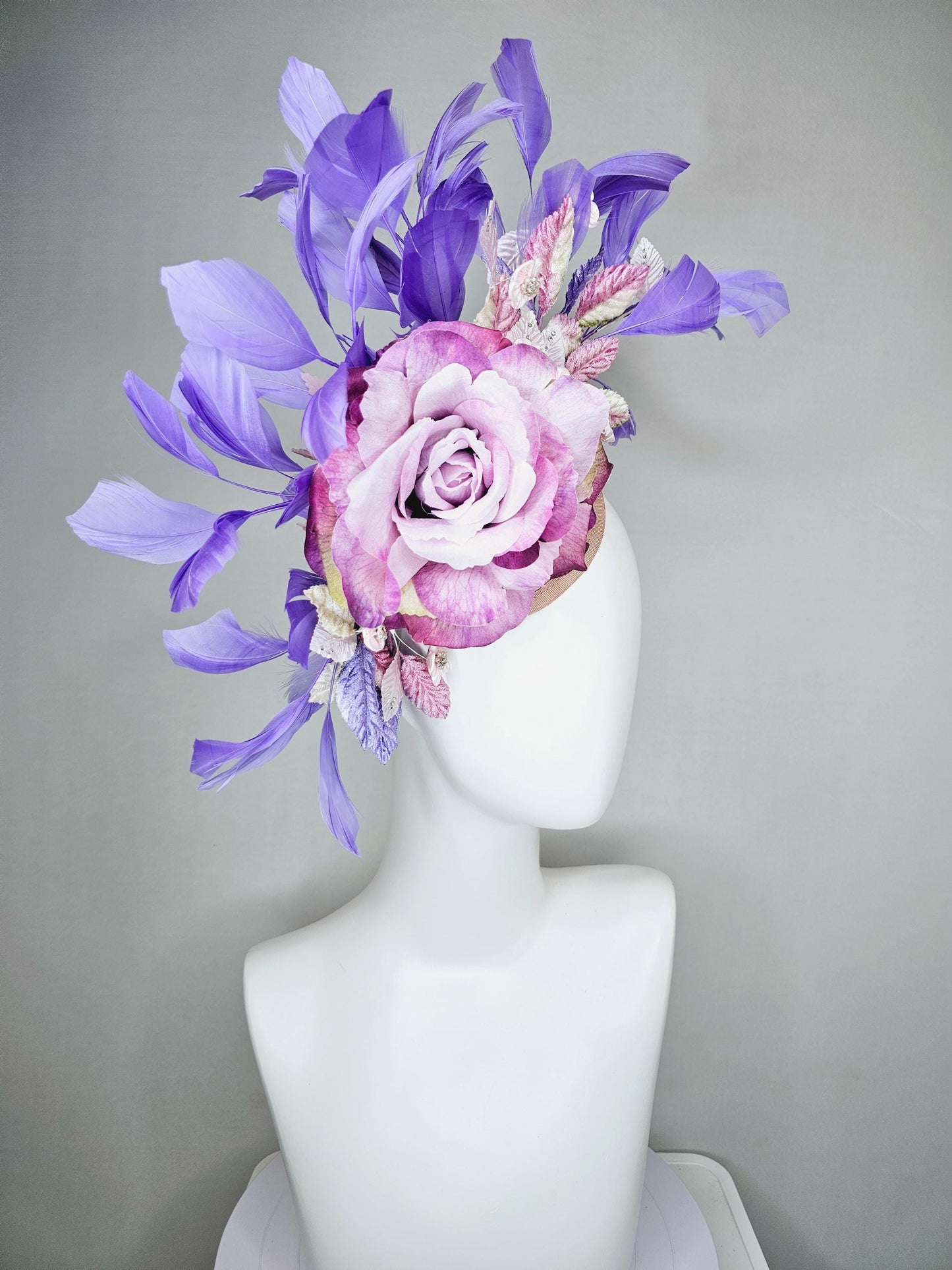 kentucky derby hat fascinator magenta purple ombre satin rose, light pink flowers,lavender purple pink ombre leaves,lavender purple feathers