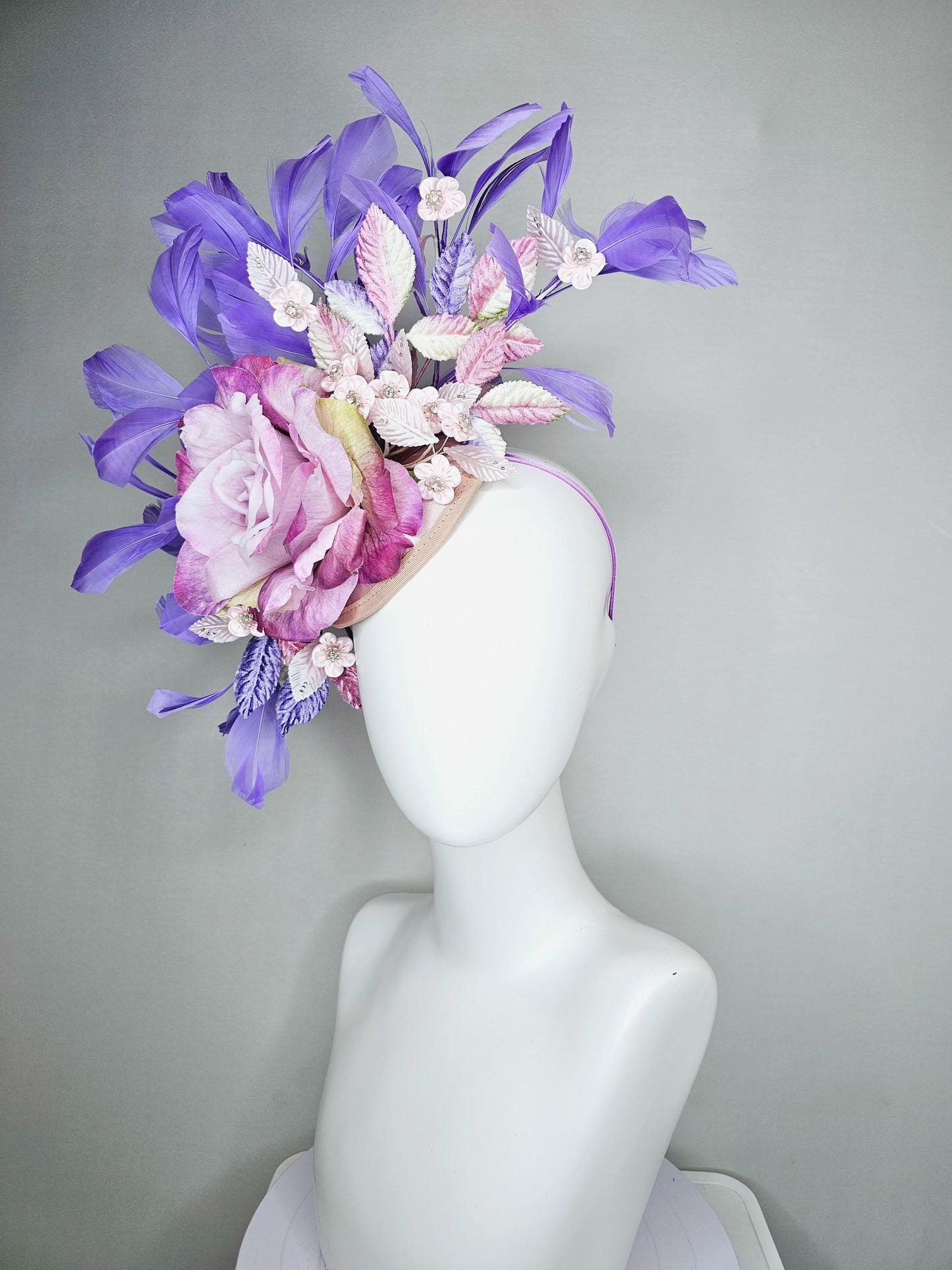 kentucky derby hat fascinator magenta purple ombre satin rose, light pink flowers,lavender purple pink ombre leaves,lavender purple feathers