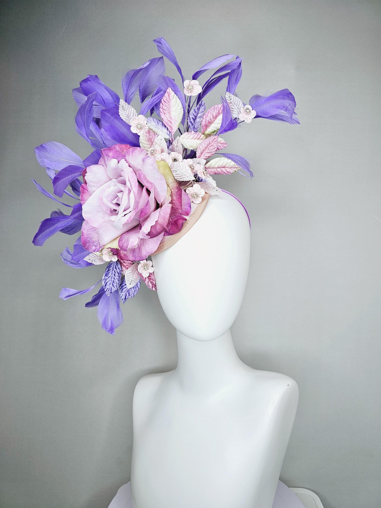 kentucky derby hat fascinator magenta purple ombre satin rose, light pink flowers,lavender purple pink ombre leaves,lavender purple feathers