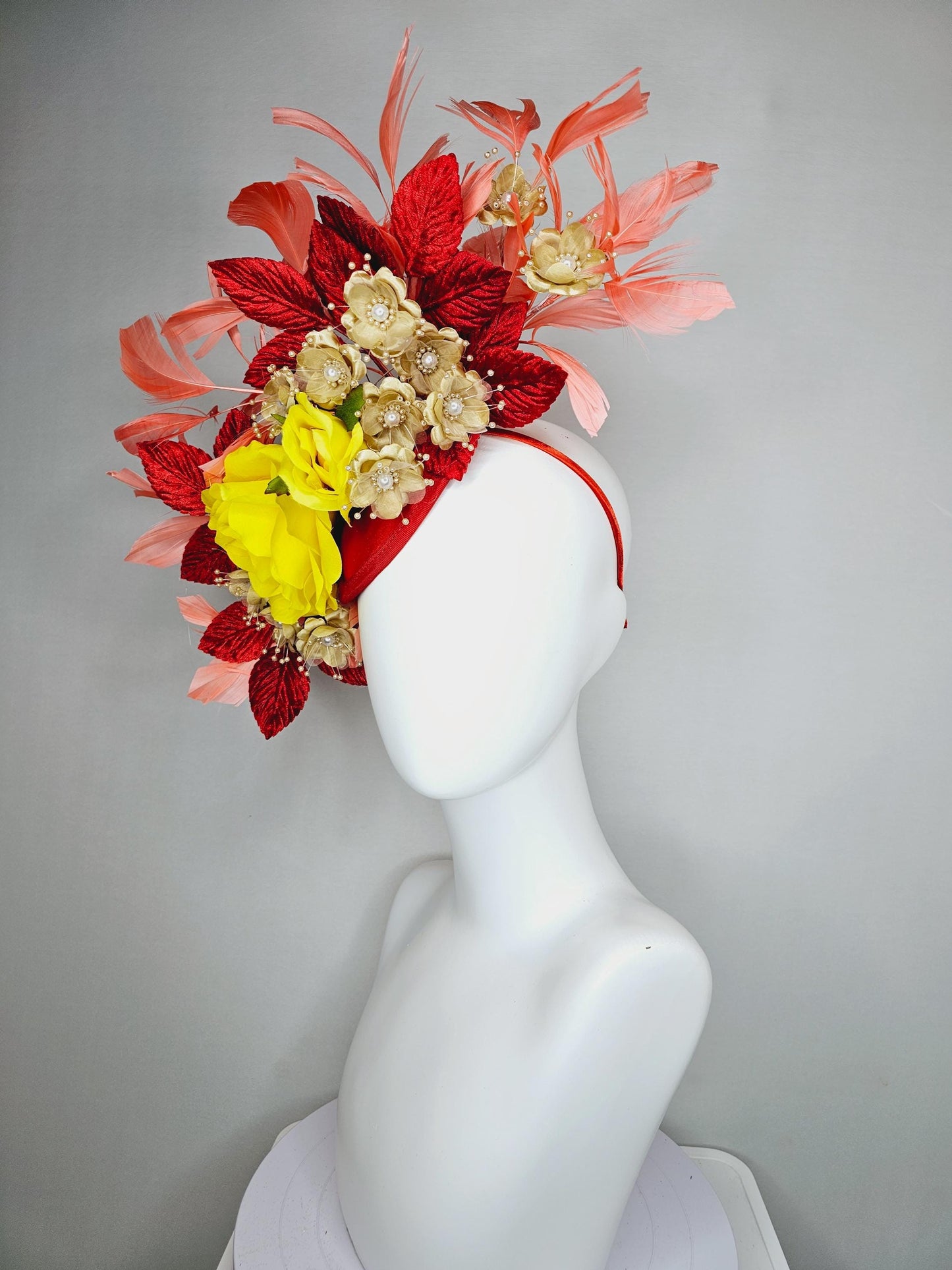 kentucky derby hat fascinator yellow satin roses,gold tan beige satin flowers with pearls,scarlet red leaves,coral orange branching feathers