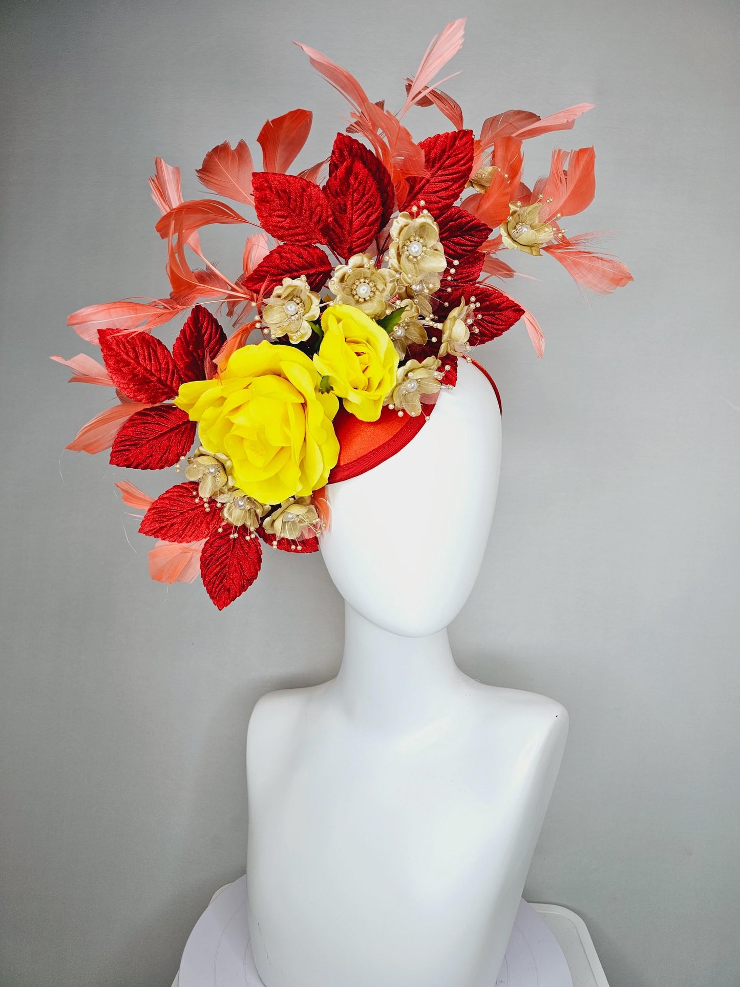 kentucky derby hat fascinator yellow satin roses,gold tan beige satin flowers with pearls,scarlet red leaves,coral orange branching feathers