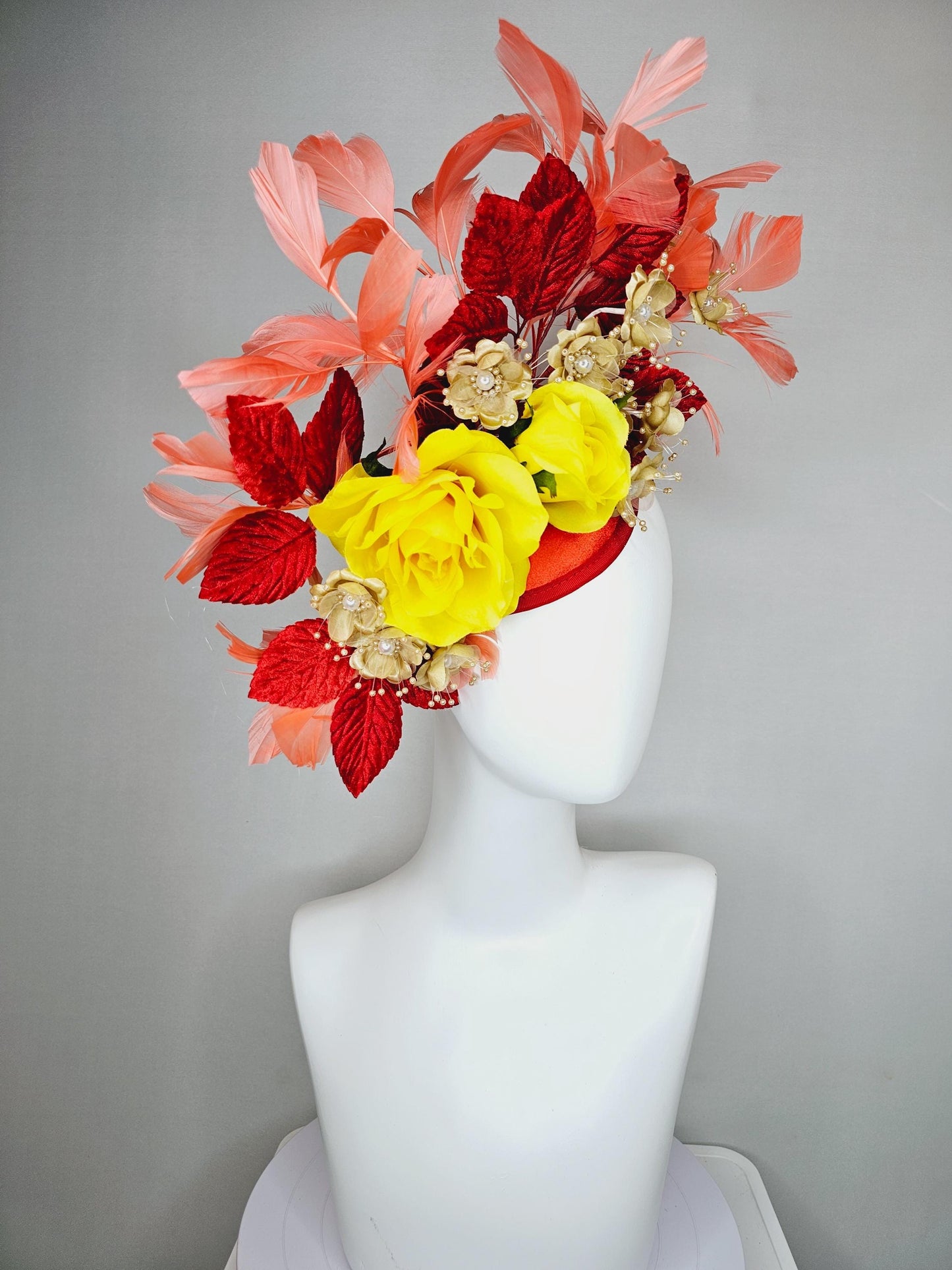 kentucky derby hat fascinator yellow satin roses,gold tan beige satin flowers with pearls,scarlet red leaves,coral orange branching feathers