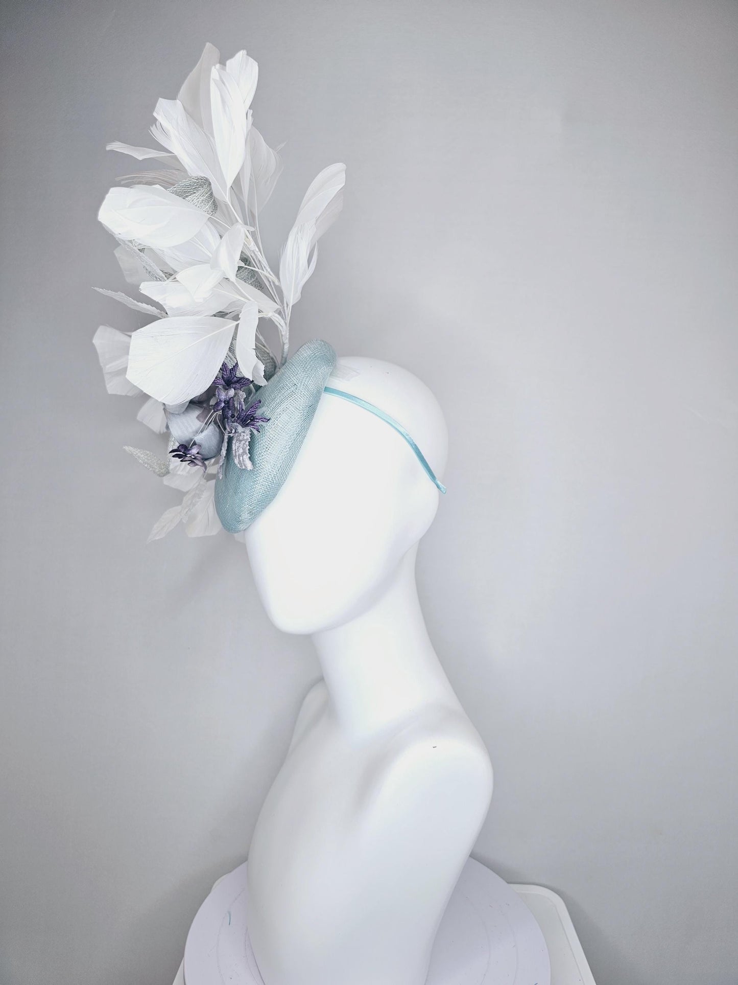 kentucky derby hat fascinator light blue sinamay with curls, silver light gray purple ombre satin flowers,white silver leaves,white feathers