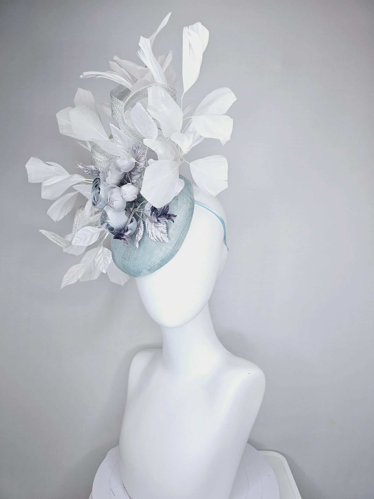 kentucky derby hat fascinator light blue sinamay with curls, silver light gray purple ombre satin flowers,white silver leaves,white feathers