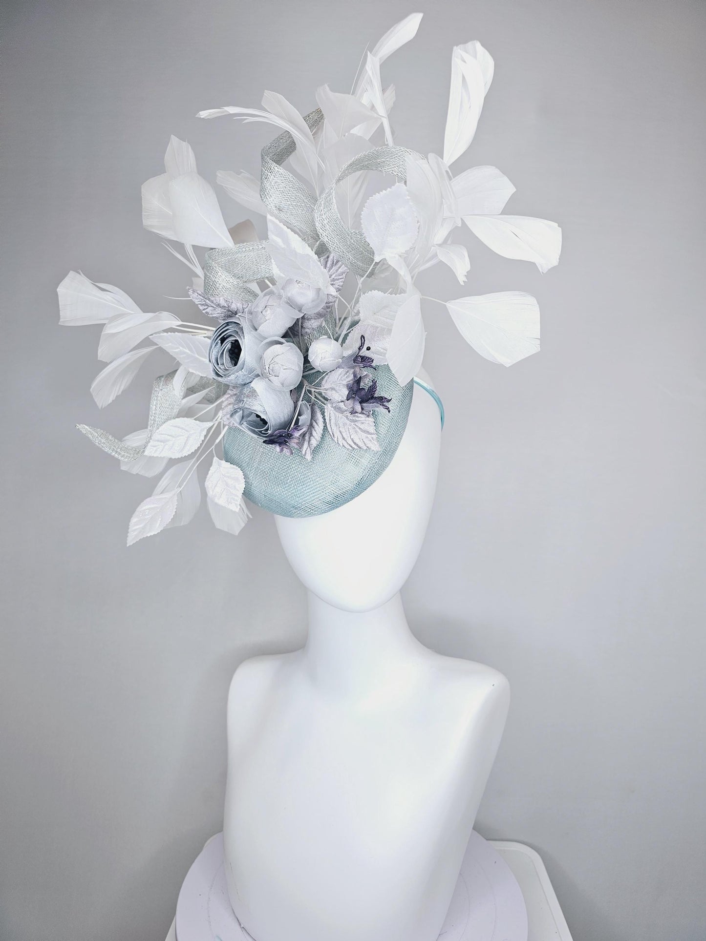 kentucky derby hat fascinator light blue sinamay with curls, silver light gray purple ombre satin flowers,white silver leaves,white feathers