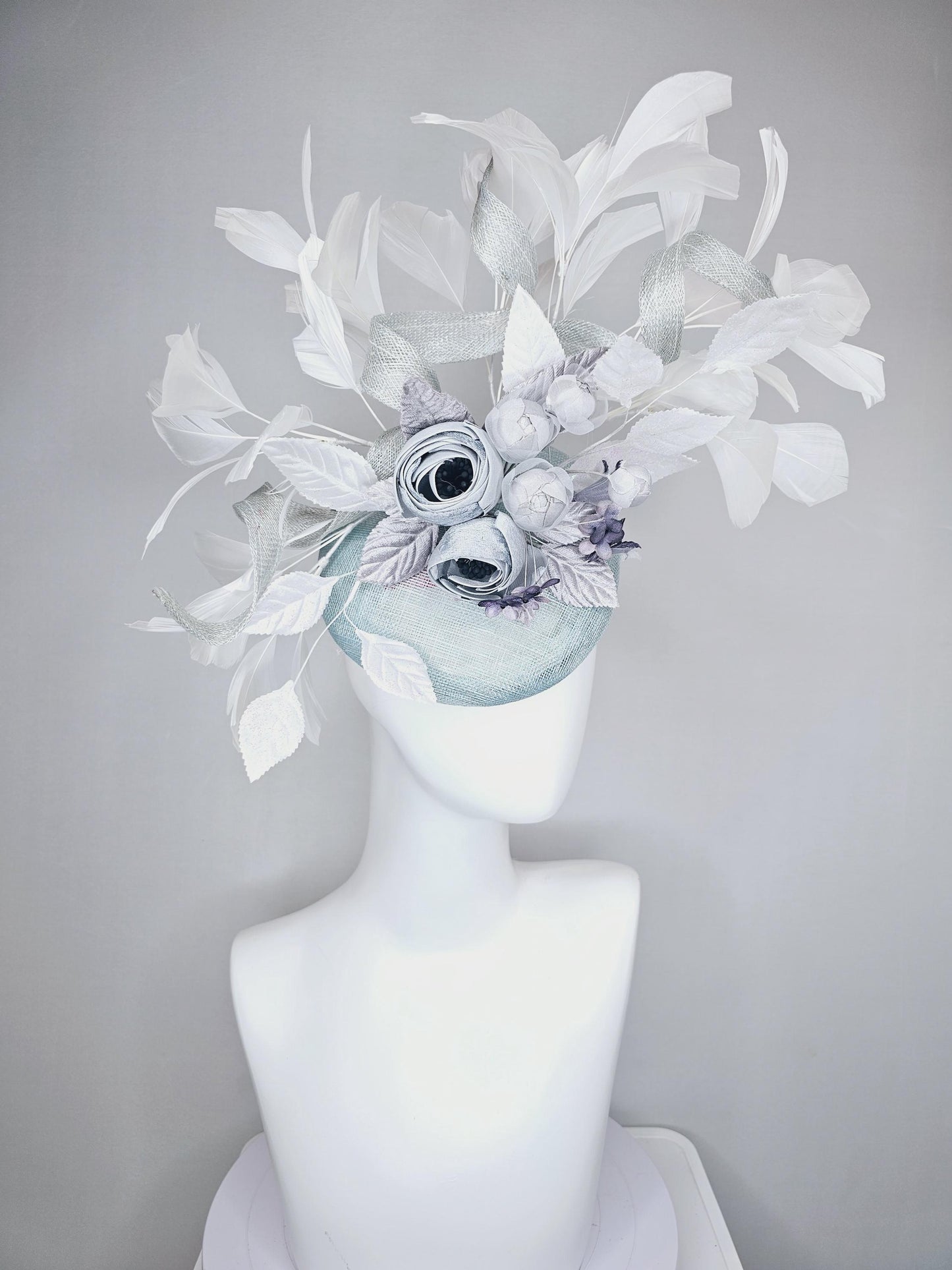 kentucky derby hat fascinator light blue sinamay with curls, silver light gray purple ombre satin flowers,white silver leaves,white feathers