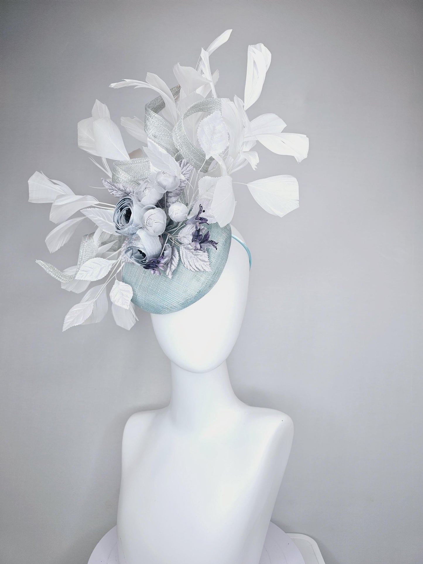 kentucky derby hat fascinator light blue sinamay with curls, silver light gray purple ombre satin flowers,white silver leaves,white feathers