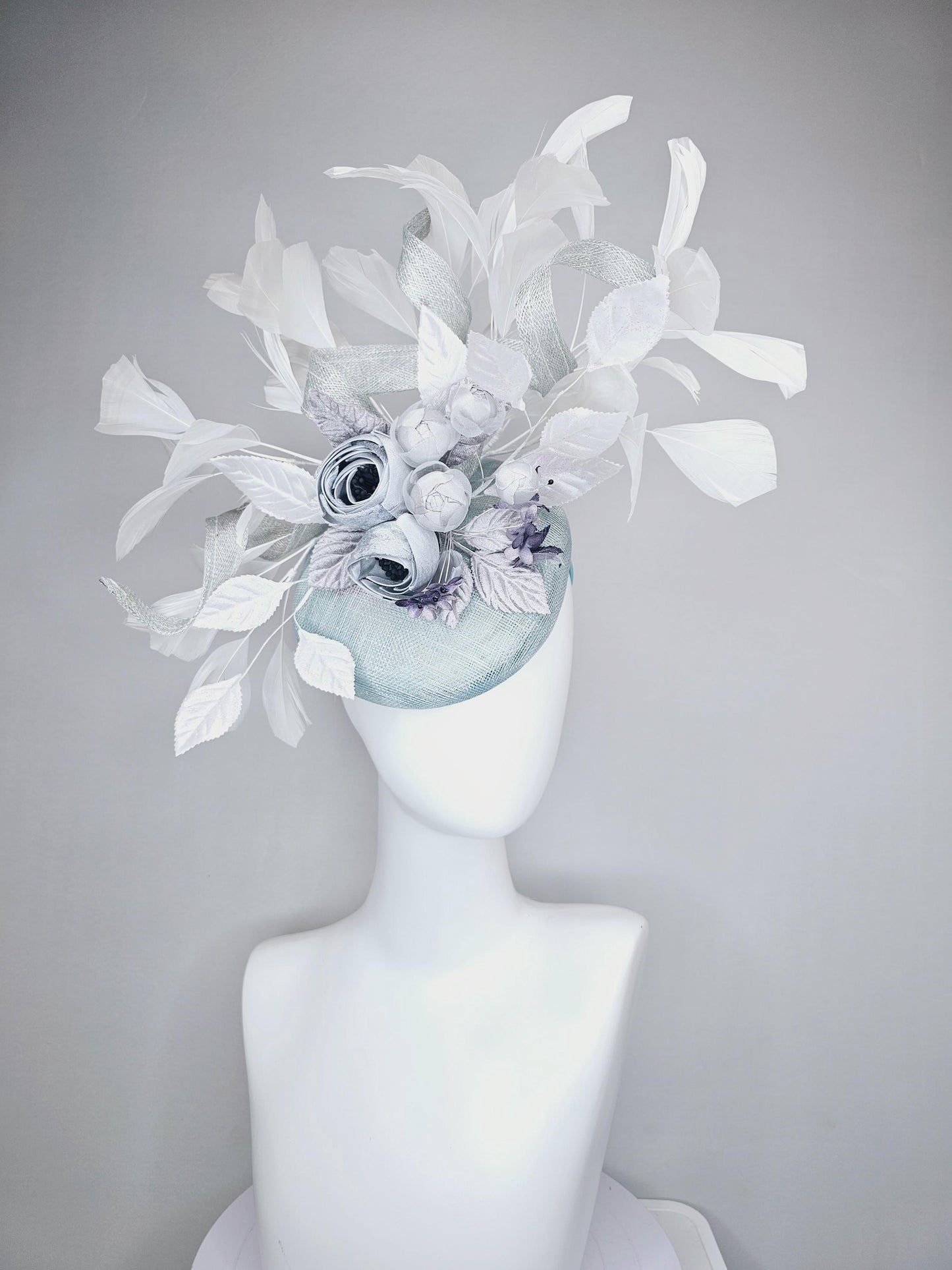 kentucky derby hat fascinator light blue sinamay with curls, silver light gray purple ombre satin flowers,white silver leaves,white feathers