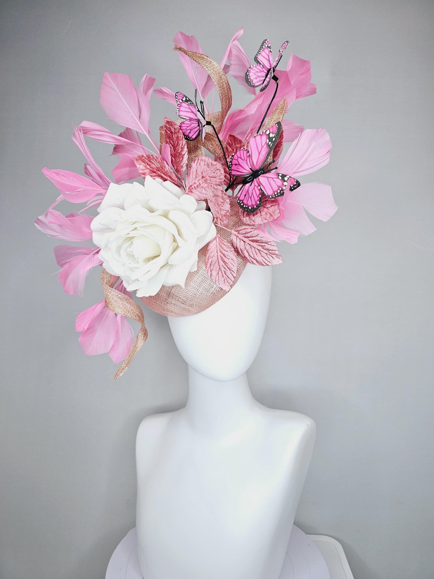 kentucky derby hat fascinator blush pink sinamay w/ curls,ivory white satin rose,light rose pink leaves,pink feathers,pink black butterflies