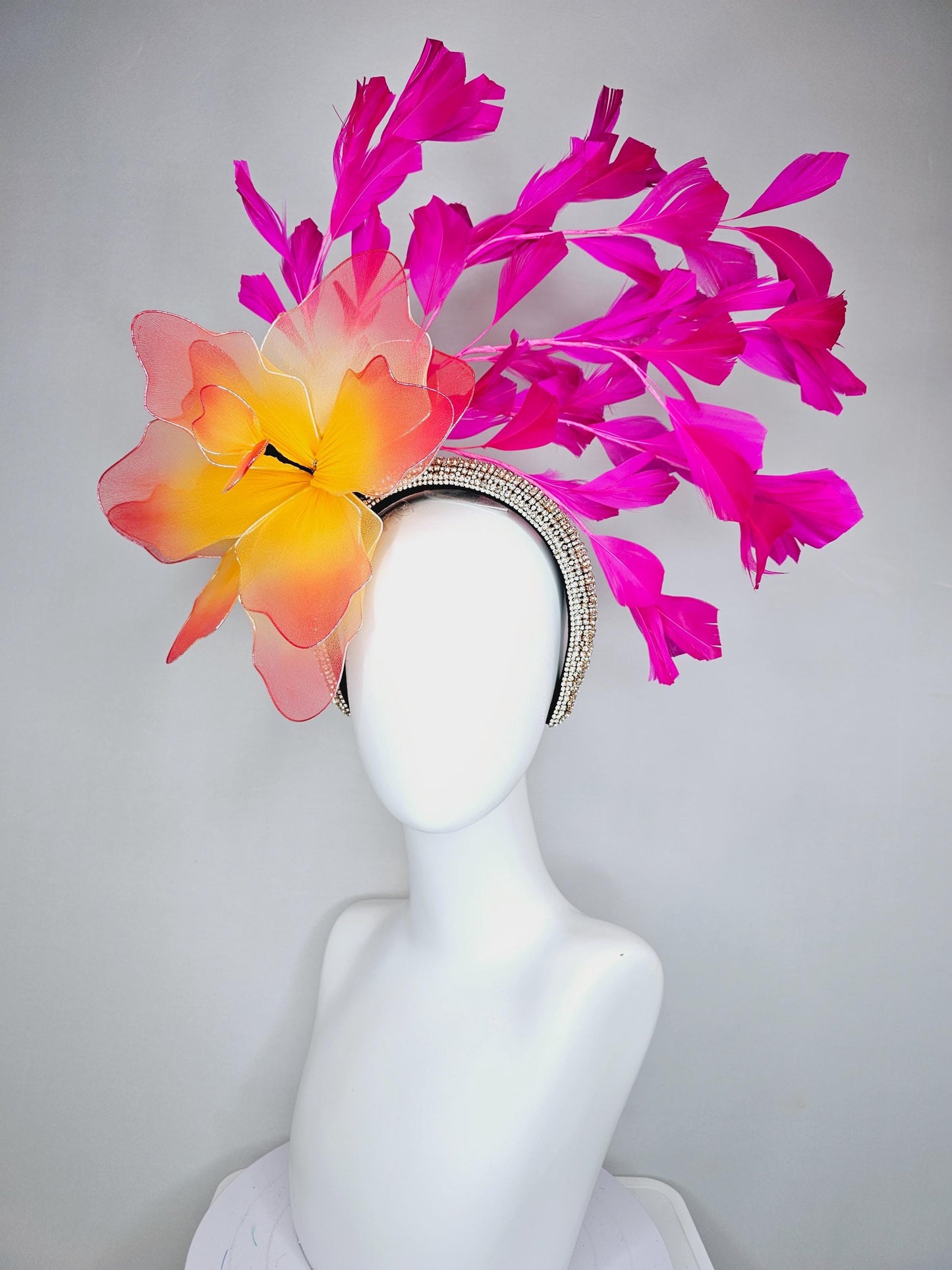 kentucky derby hat fascinator crystal rhinestone headband and large ombre red orange yellow wire mesh flower fuchsia pink branching feathers