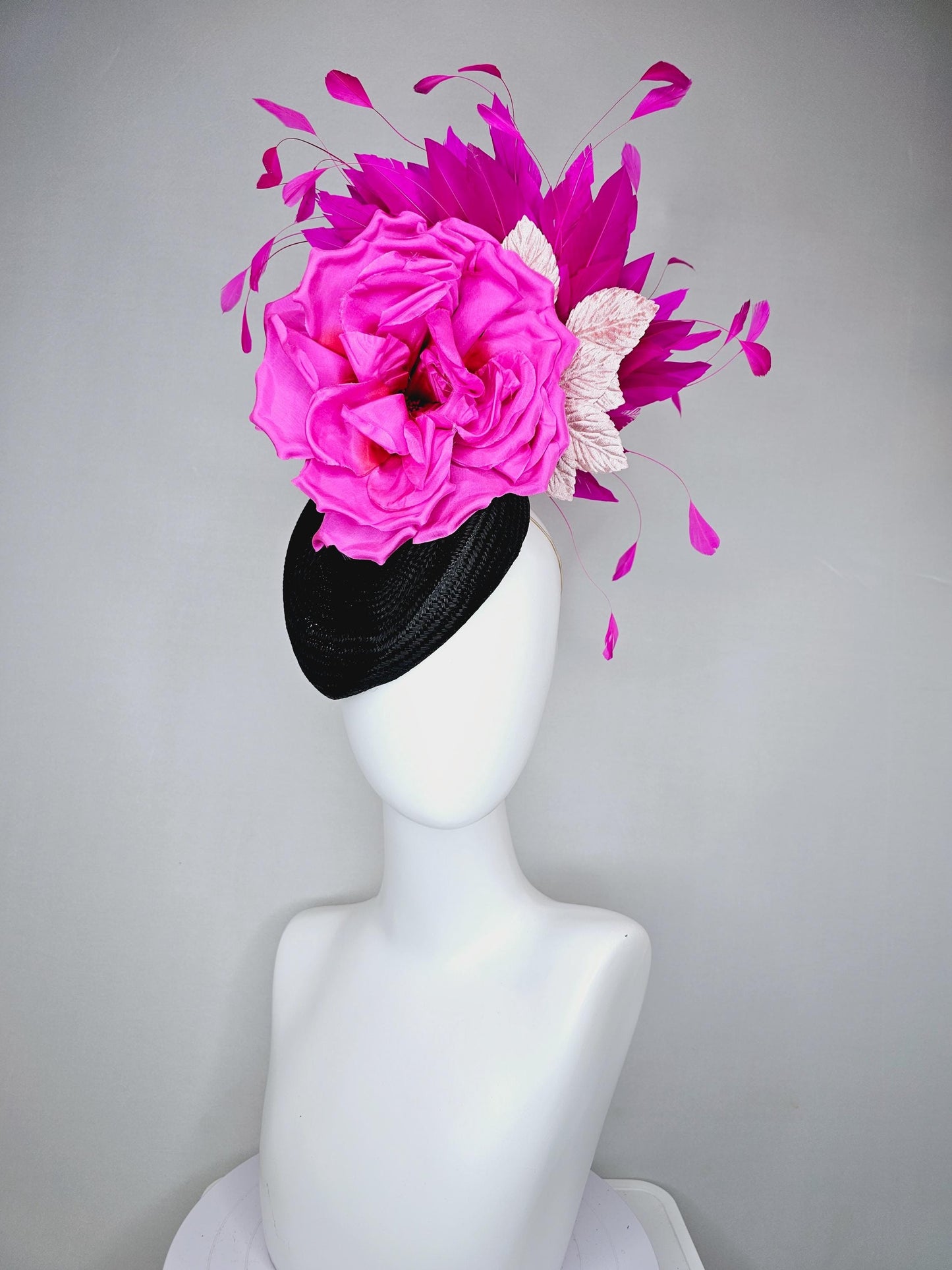 kentucky derby hat fascinator black woven base, large hot pink satin silk rose flower,light pink leaves and fuchsia pink branching feathers
