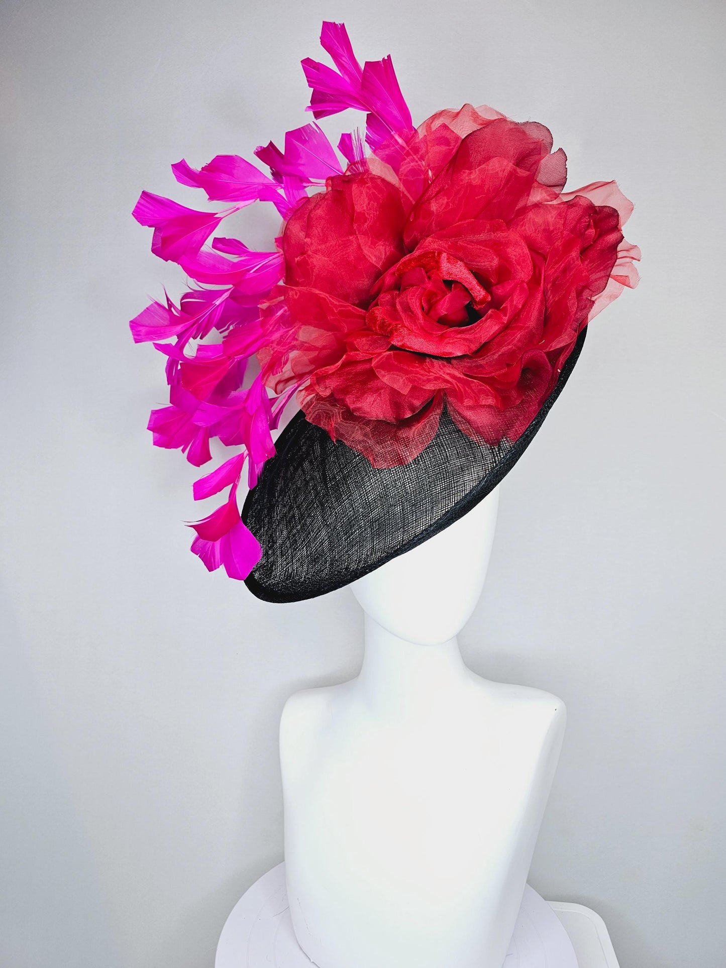 kentucky derby hat fascinator black sinamay saucer with large bright red organza satin rose and hot fuchsia pink branching feathers
