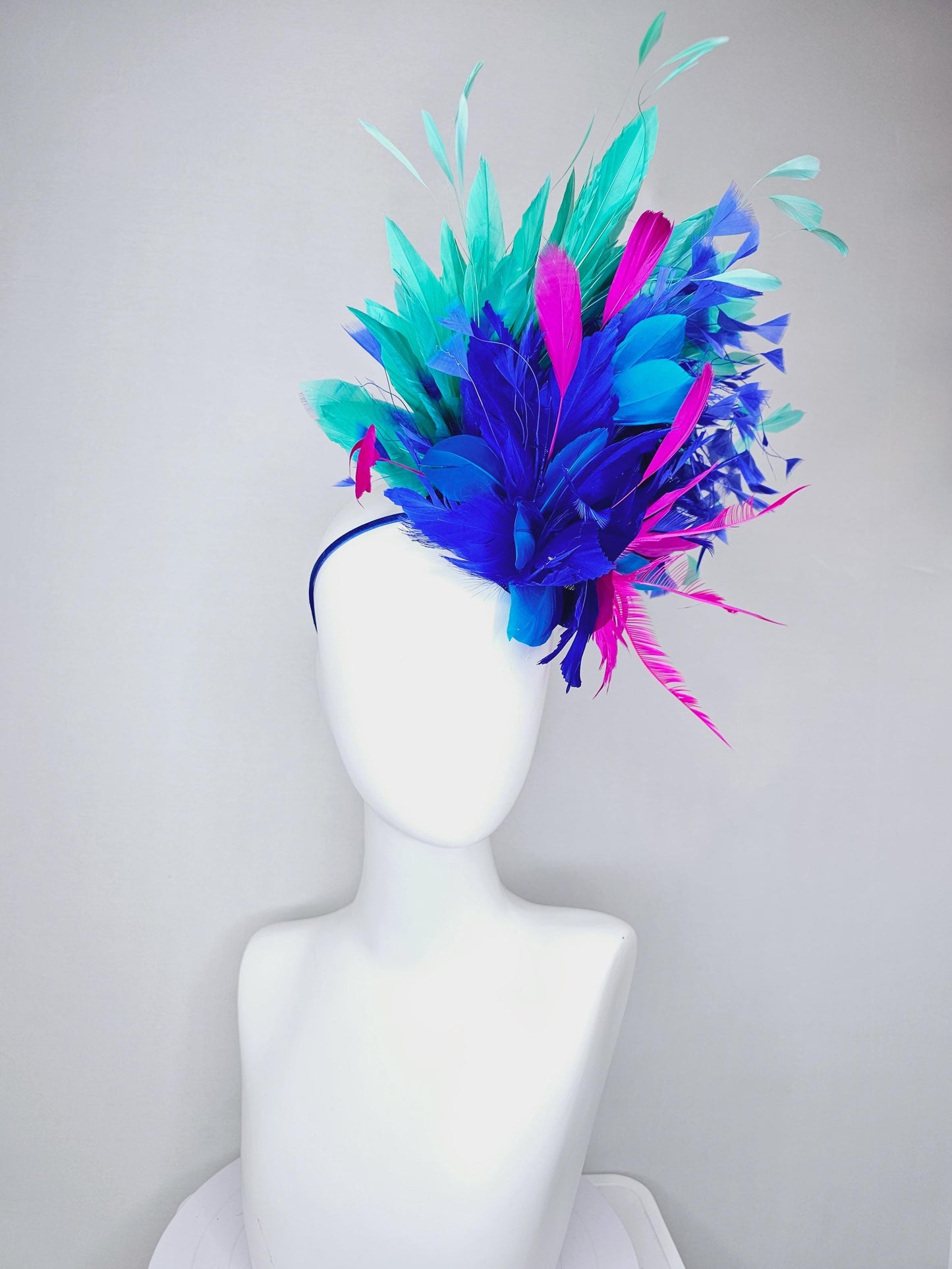 kentucky derby hat fascinator royal blue sinamay,fuchsia pink royal blue feather flower,royal cobalt blue mint green pink branching feathers