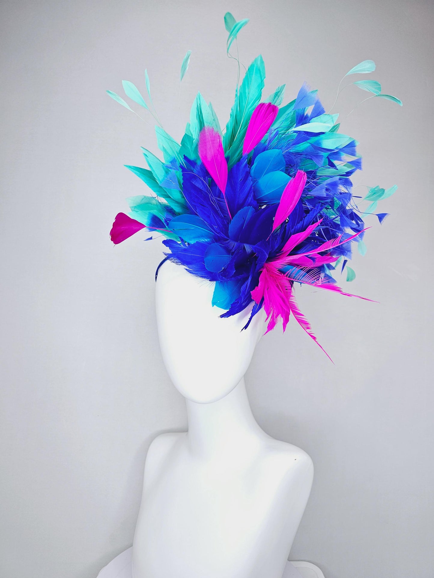 kentucky derby hat fascinator royal blue sinamay,fuchsia pink royal blue feather flower,royal cobalt blue mint green pink branching feathers