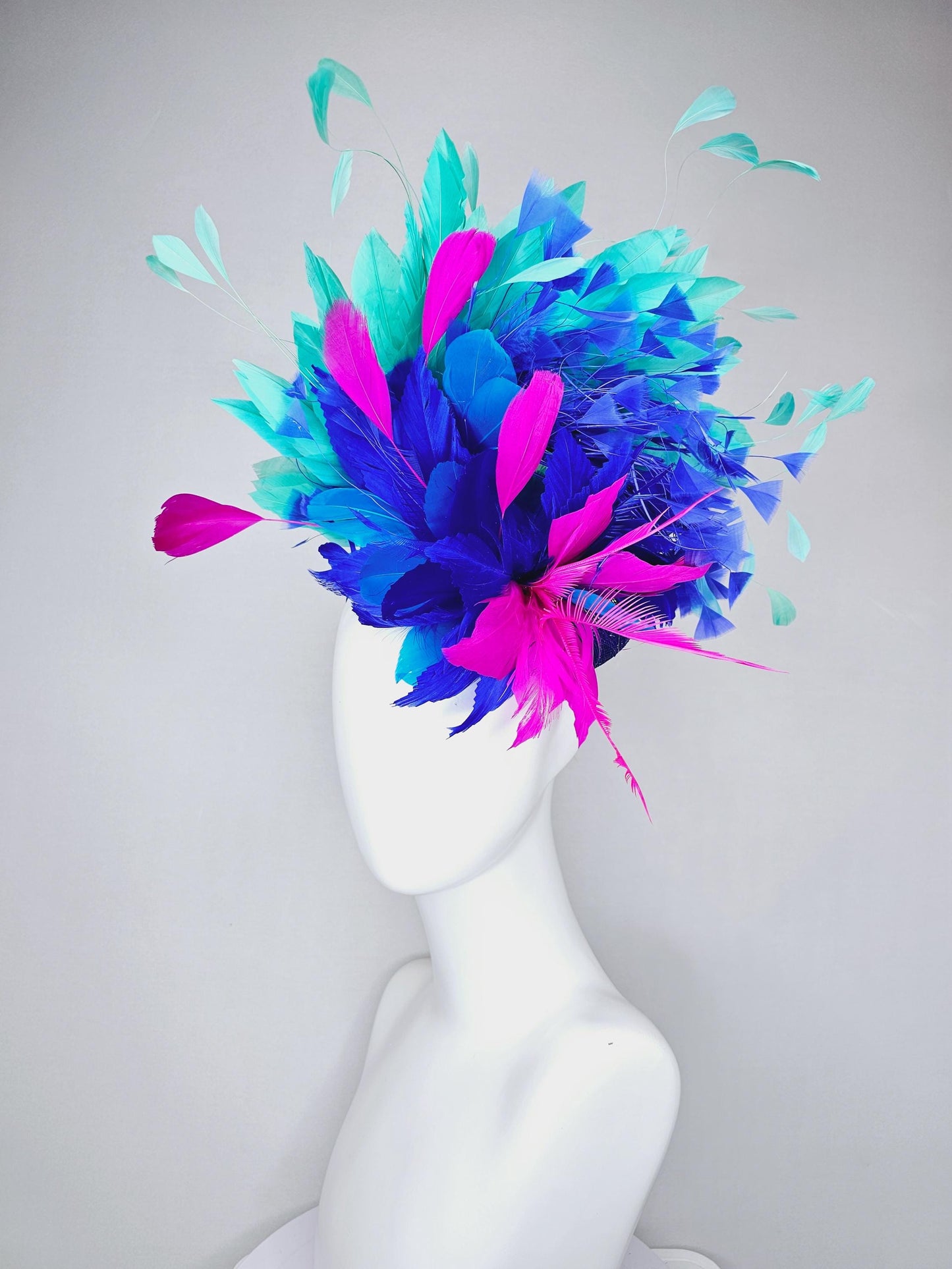 kentucky derby hat fascinator royal blue sinamay,fuchsia pink royal blue feather flower,royal cobalt blue mint green pink branching feathers
