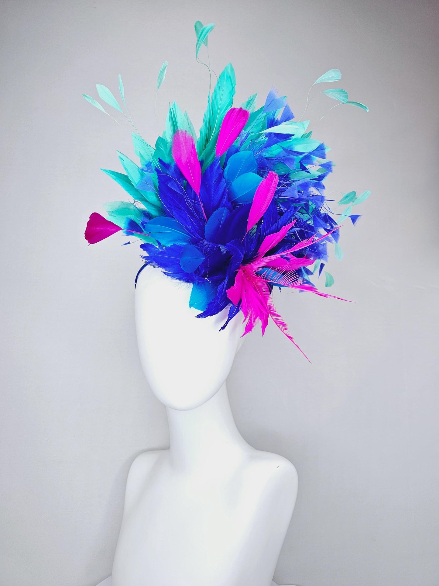 kentucky derby hat fascinator royal blue sinamay,fuchsia pink royal blue feather flower,royal cobalt blue mint green pink branching feathers