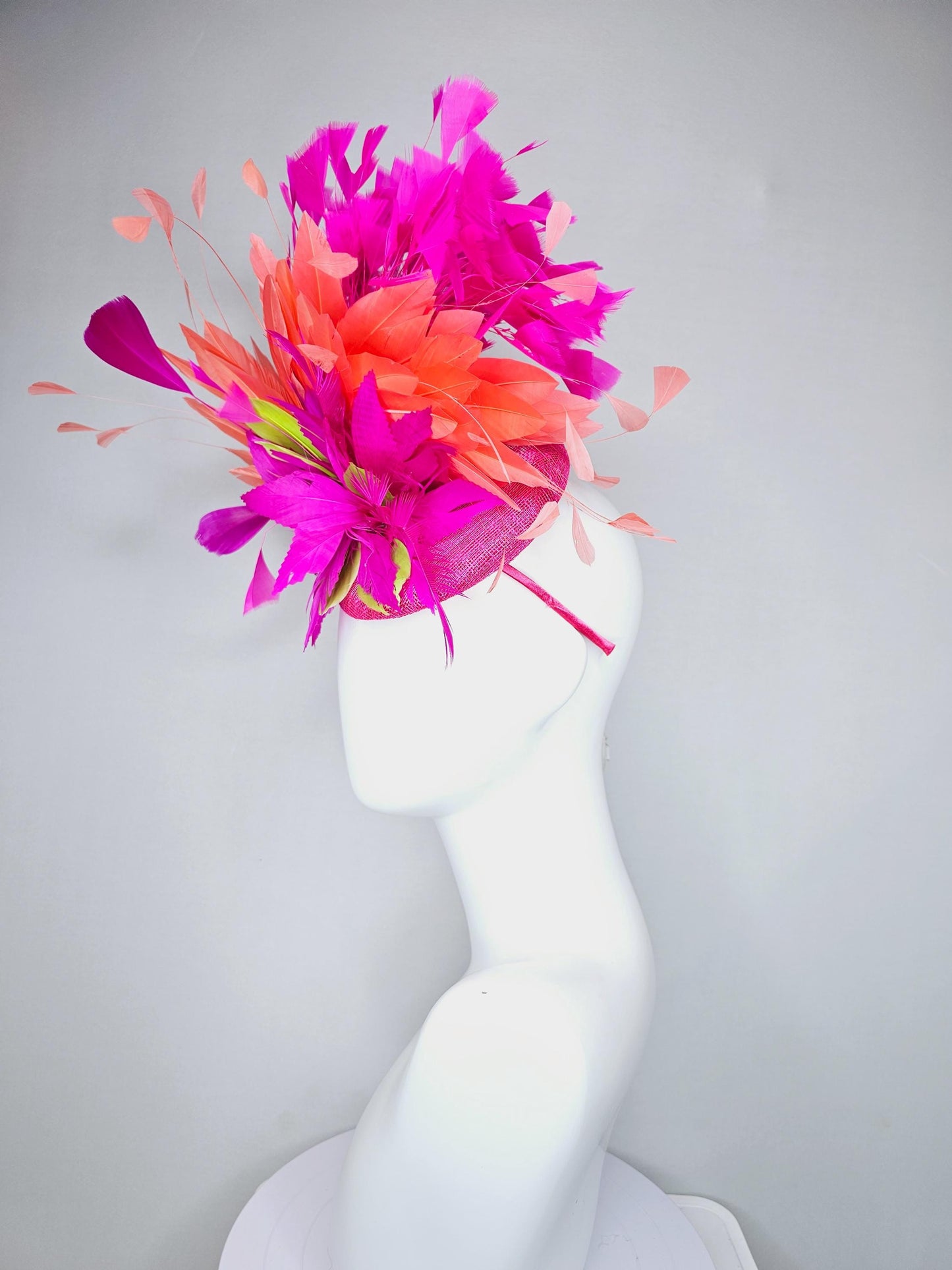 kentucky derby hat fascinator pink sinamay, bright pink fuchsia zigzag lime green feather flower,coral orange bright pink branching feathers