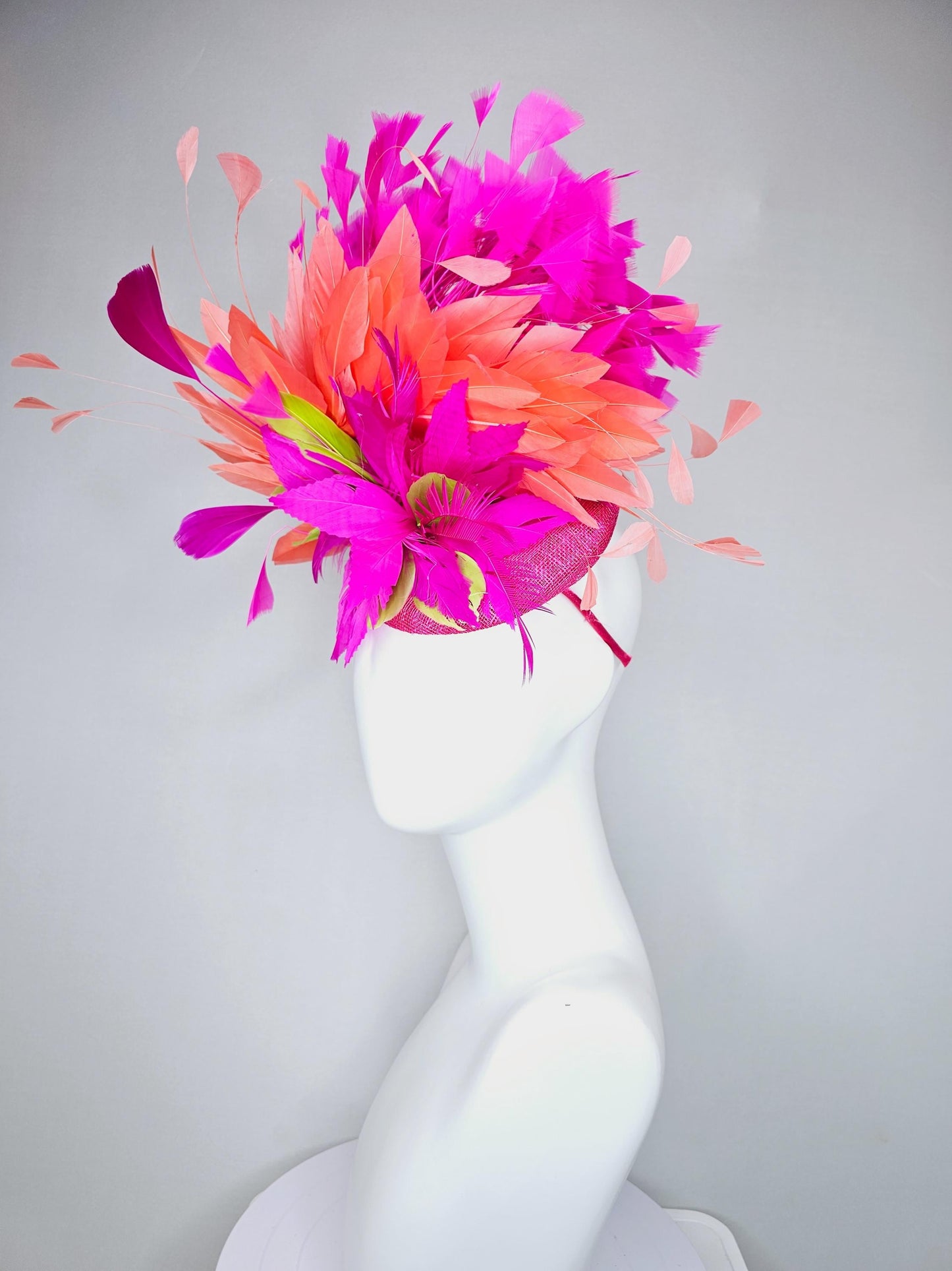 kentucky derby hat fascinator pink sinamay, bright pink fuchsia zigzag lime green feather flower,coral orange bright pink branching feathers