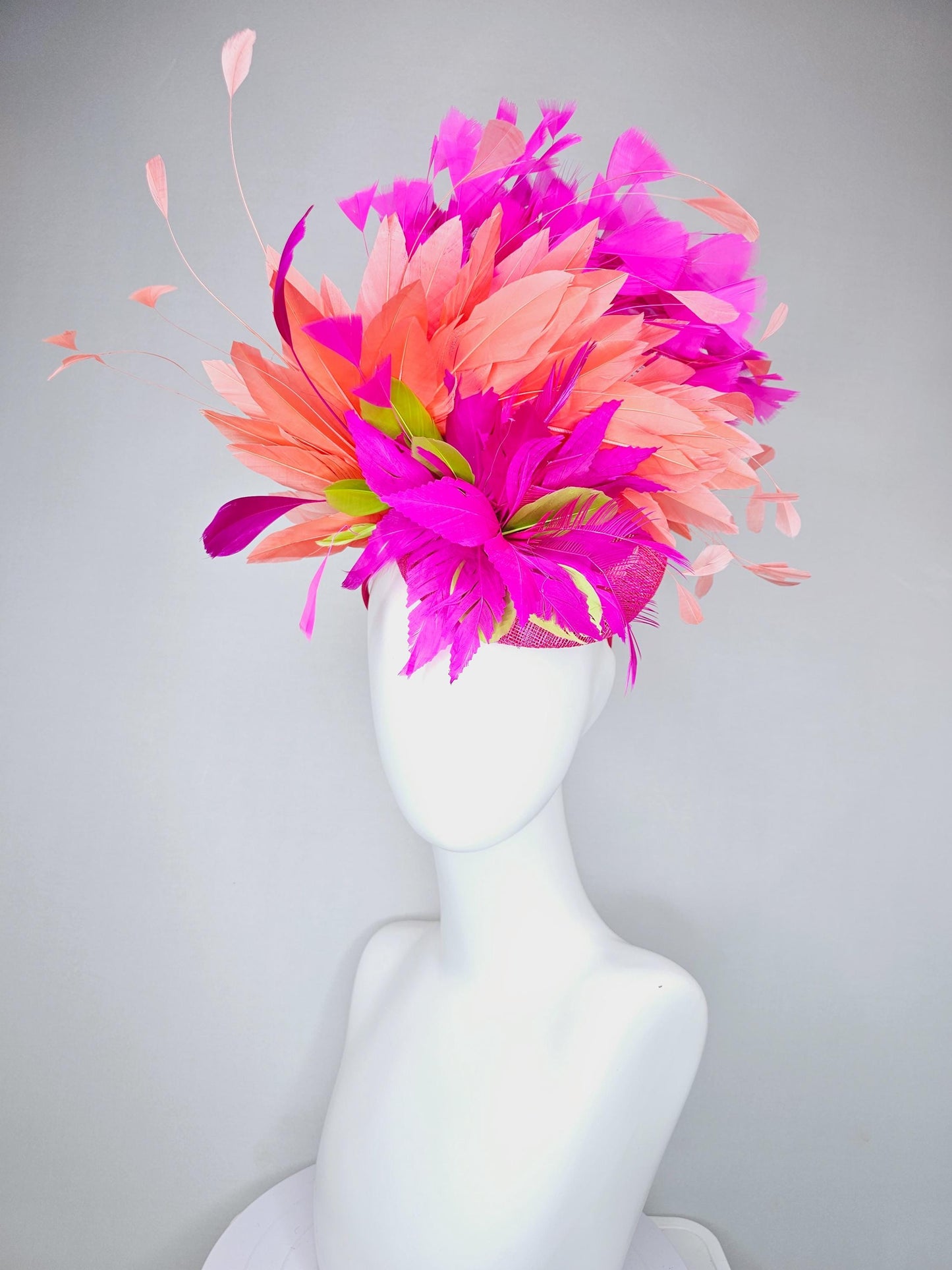 kentucky derby hat fascinator pink sinamay, bright pink fuchsia zigzag lime green feather flower,coral orange bright pink branching feathers
