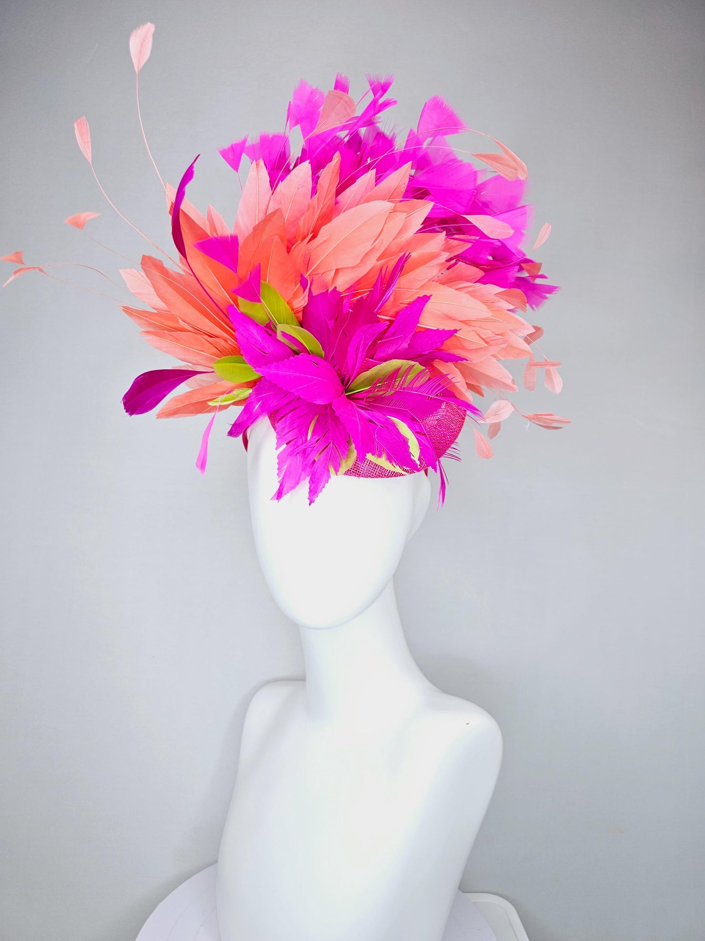 kentucky derby hat fascinator pink sinamay, bright pink fuchsia zigzag lime green feather flower,coral orange bright pink branching feathers