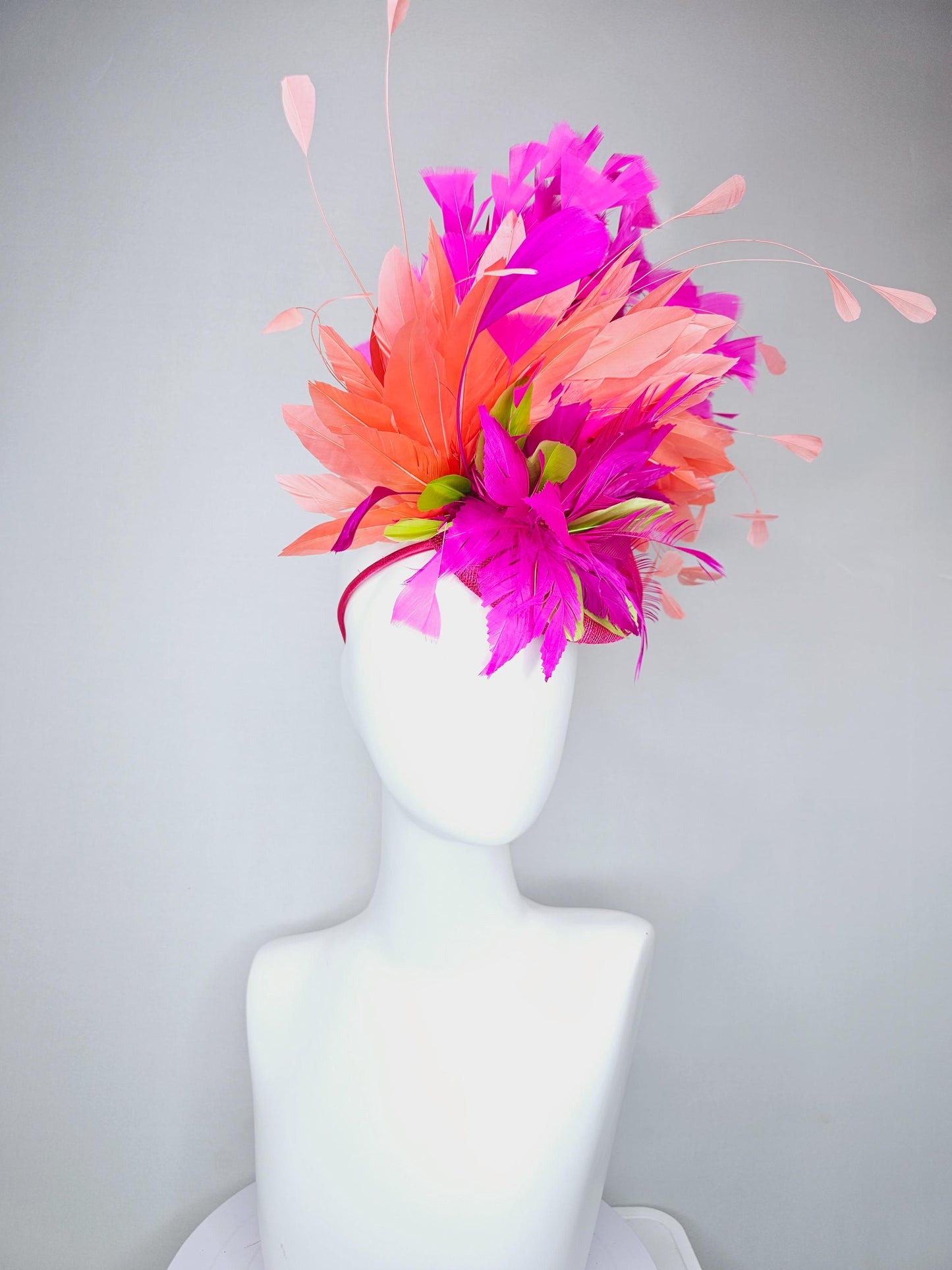 kentucky derby hat fascinator pink sinamay, bright pink fuchsia zigzag lime green feather flower,coral orange bright pink branching feathers