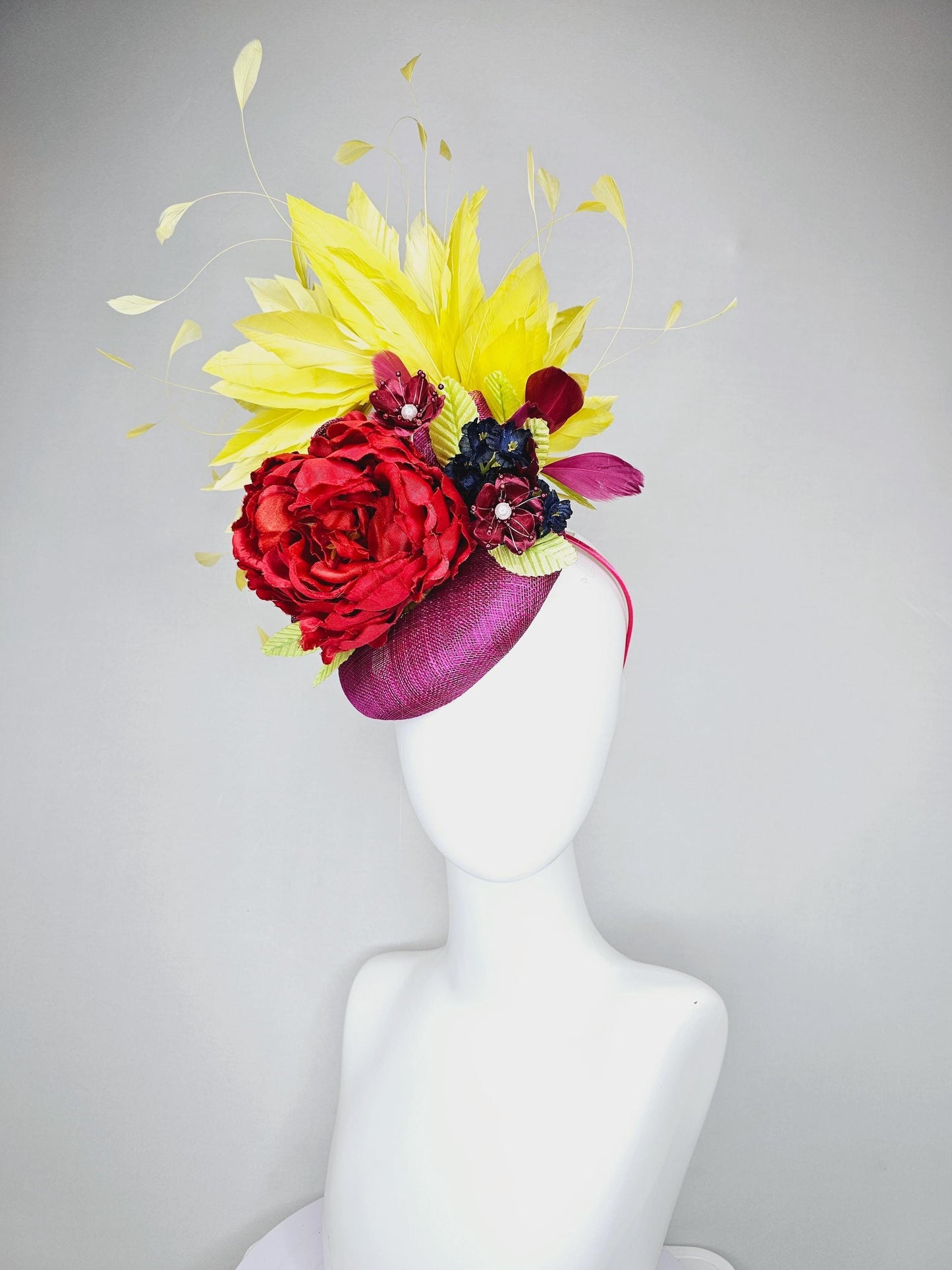 kentucky derby hat fascinator purple sinamay, bright yellow branching feathers,satin silk red flower,satin navy blue and red wine flowers