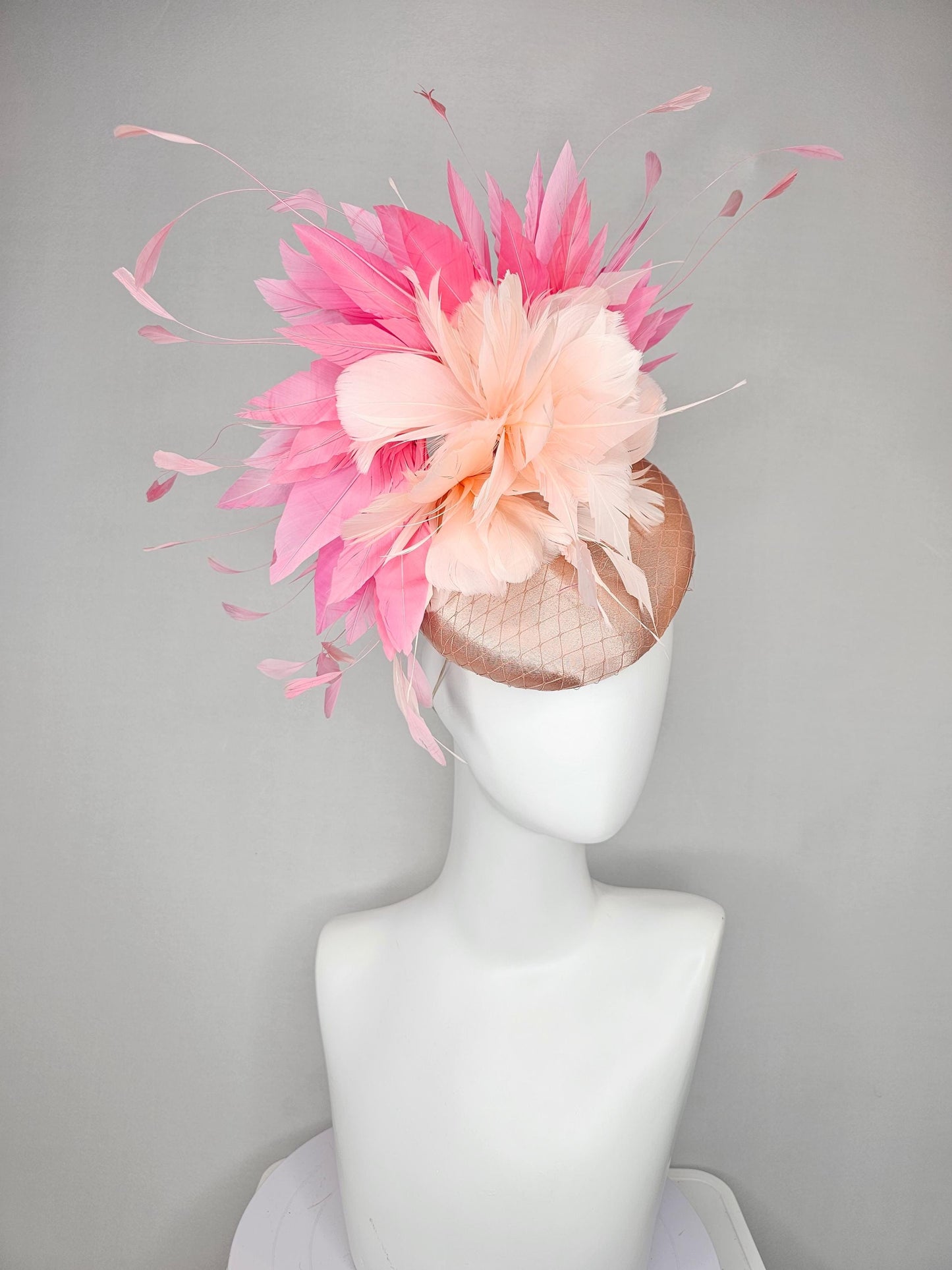 kentucky derby hat fascinator light pink champagne satin with netting,pink branching feathers and light blush pink feather flower