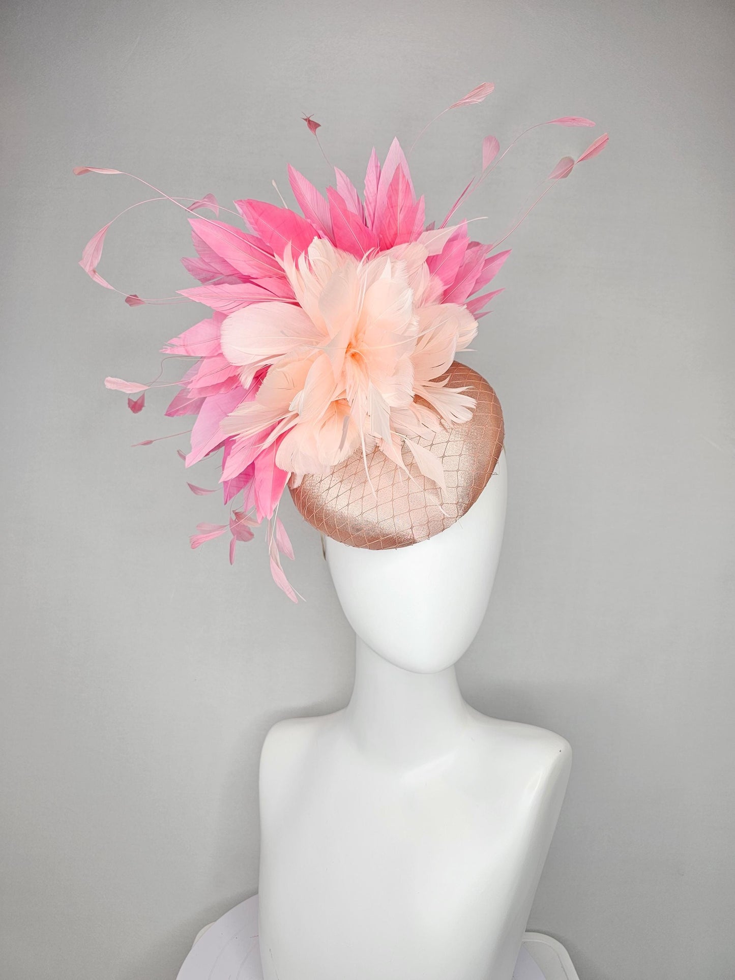 kentucky derby hat fascinator light pink champagne satin with netting,pink branching feathers and light blush pink feather flower