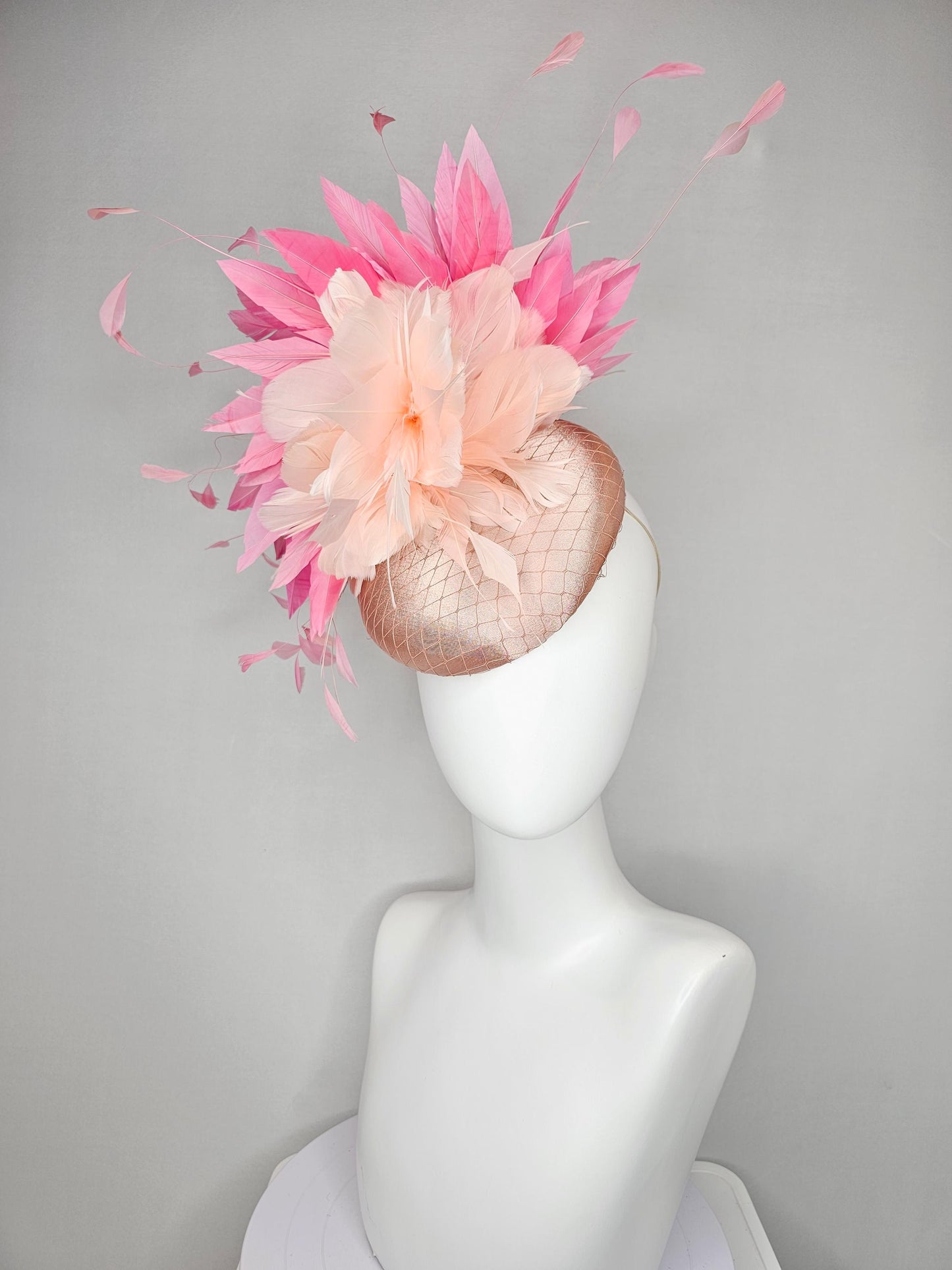 kentucky derby hat fascinator light pink champagne satin with netting,pink branching feathers and light blush pink feather flower