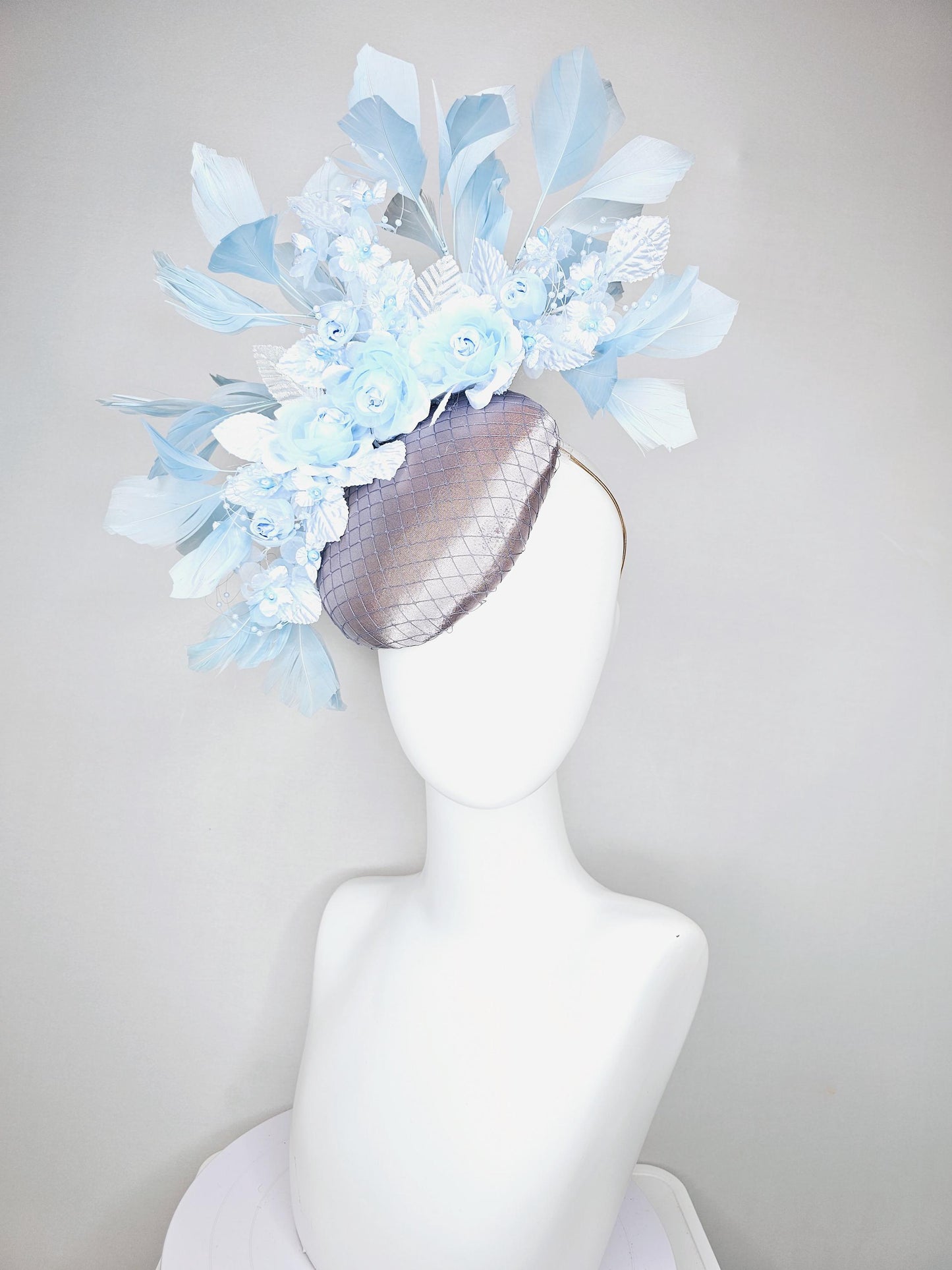 kentucky derby hat fascinator silver gray satin with netting,light blue branching feathers,white leaves,baby blue satin silk flowers