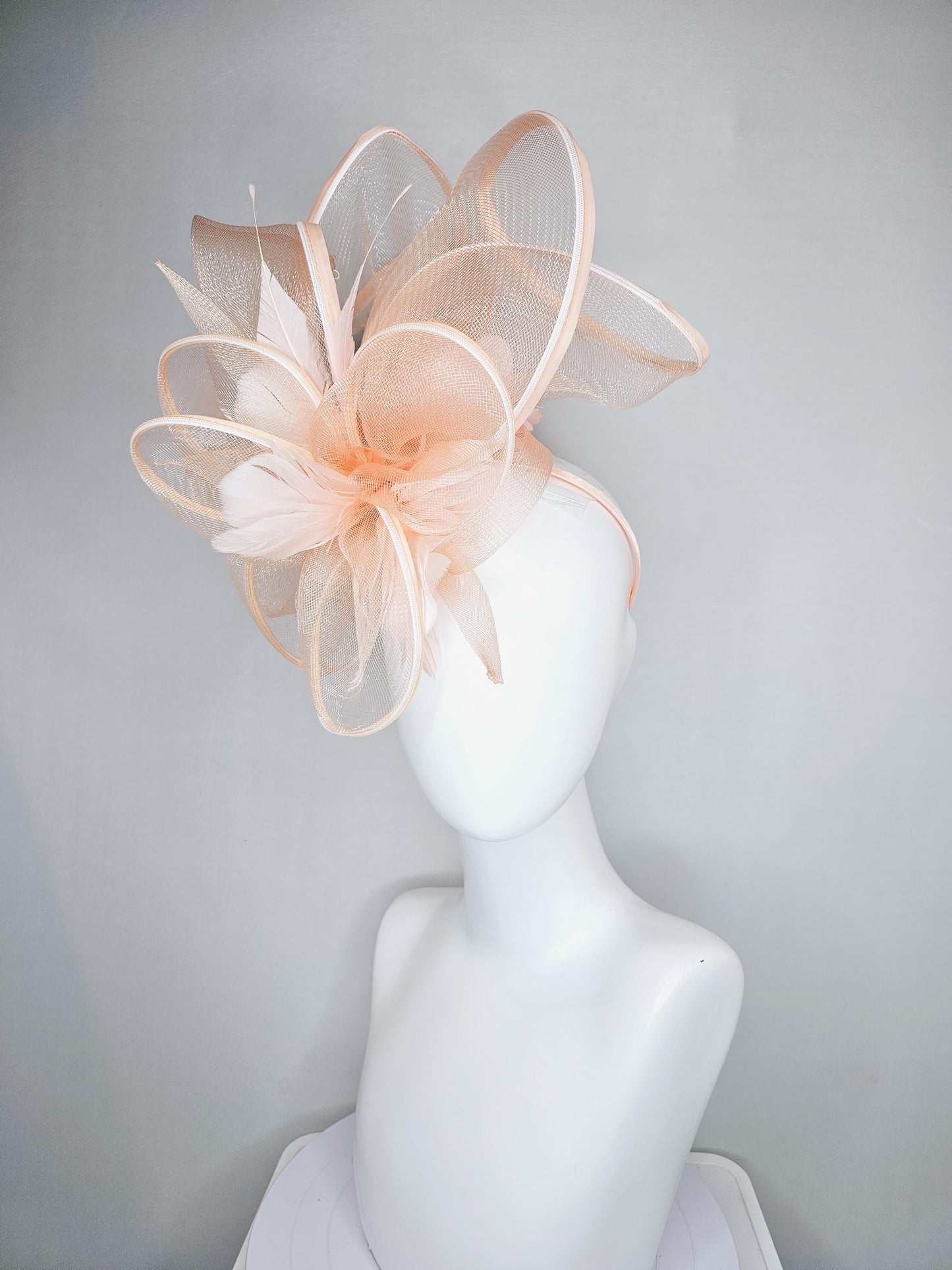 kentucky derby hat fascinator with light blush pink mesh and wired ribbon large bendable decor with light blush pink branching feathers
