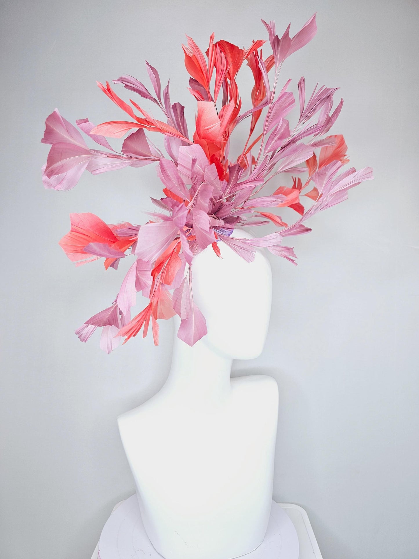 kentucky derby hat fascinator large dusty pink and orange coral branching feathers