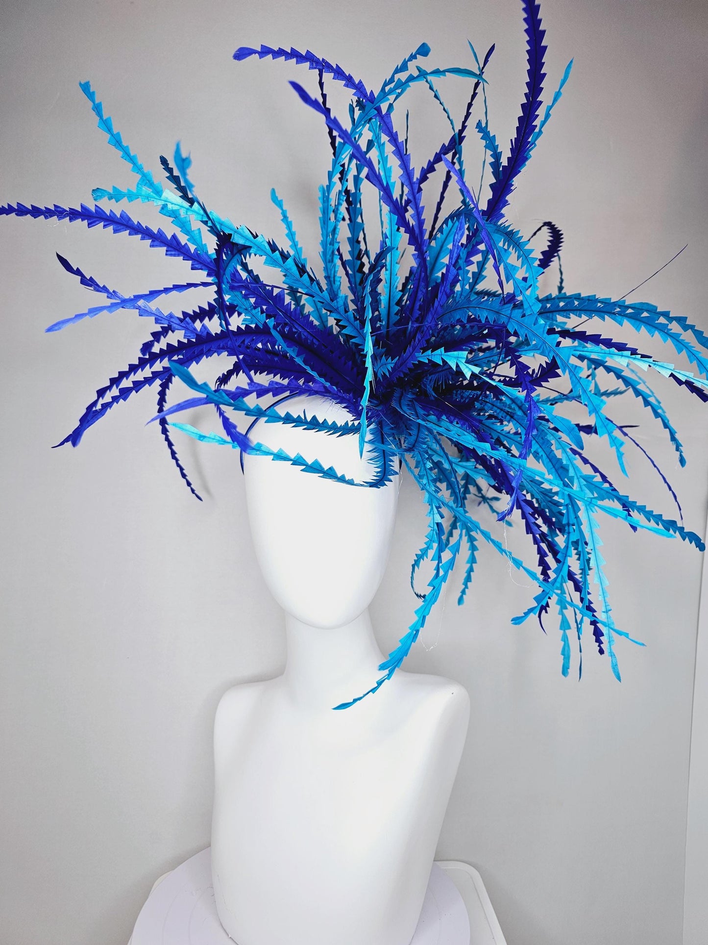 kentucky derby hat fascinator huge cobalt blue, royal blue, sky blue zigzag branching feathers headpiece