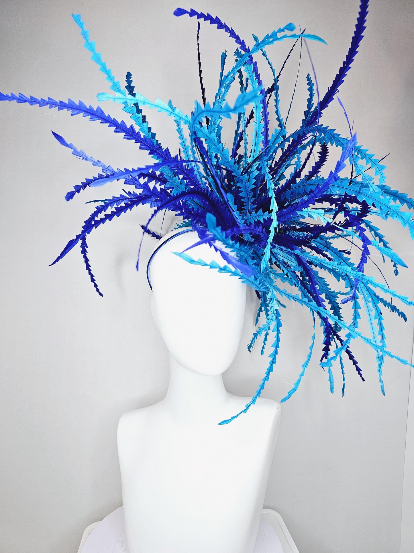 kentucky derby hat fascinator huge cobalt blue, royal blue, sky blue zigzag branching feathers headpiece