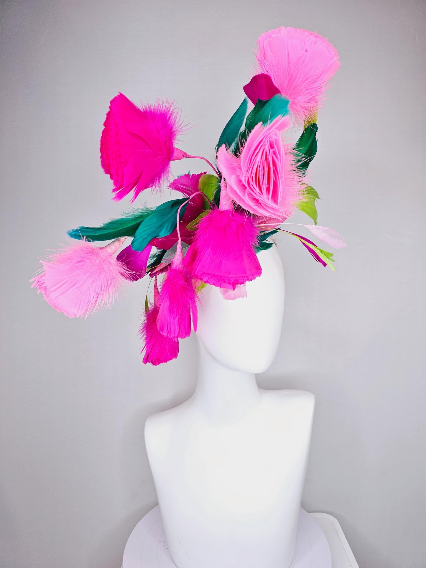 kentucky derby hat fascinator hot pink fuchsia and blush pink feather flowers with emerald green lime green white pink branching feathers