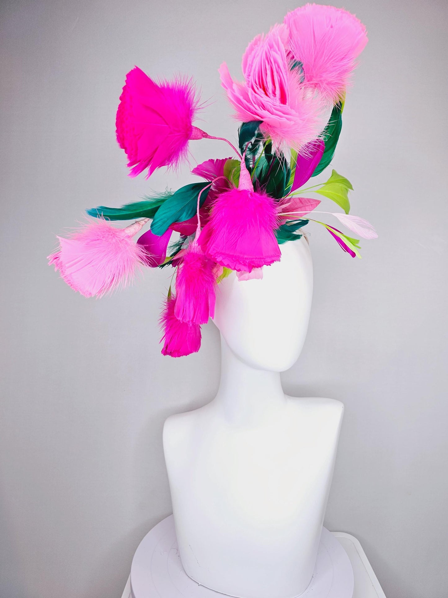 kentucky derby hat fascinator hot pink fuchsia and blush pink feather flowers with emerald green lime green white pink branching feathers