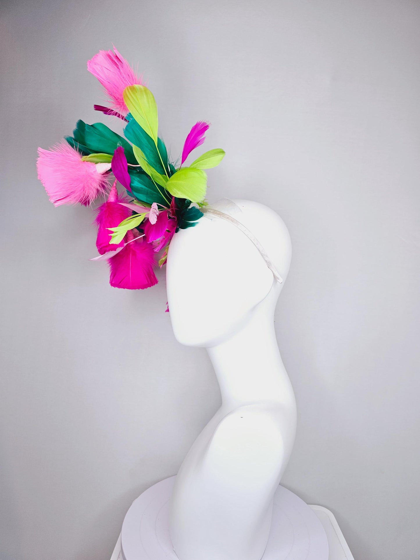 kentucky derby hat fascinator hot pink fuchsia and blush pink feather flowers with emerald green lime green white pink branching feathers