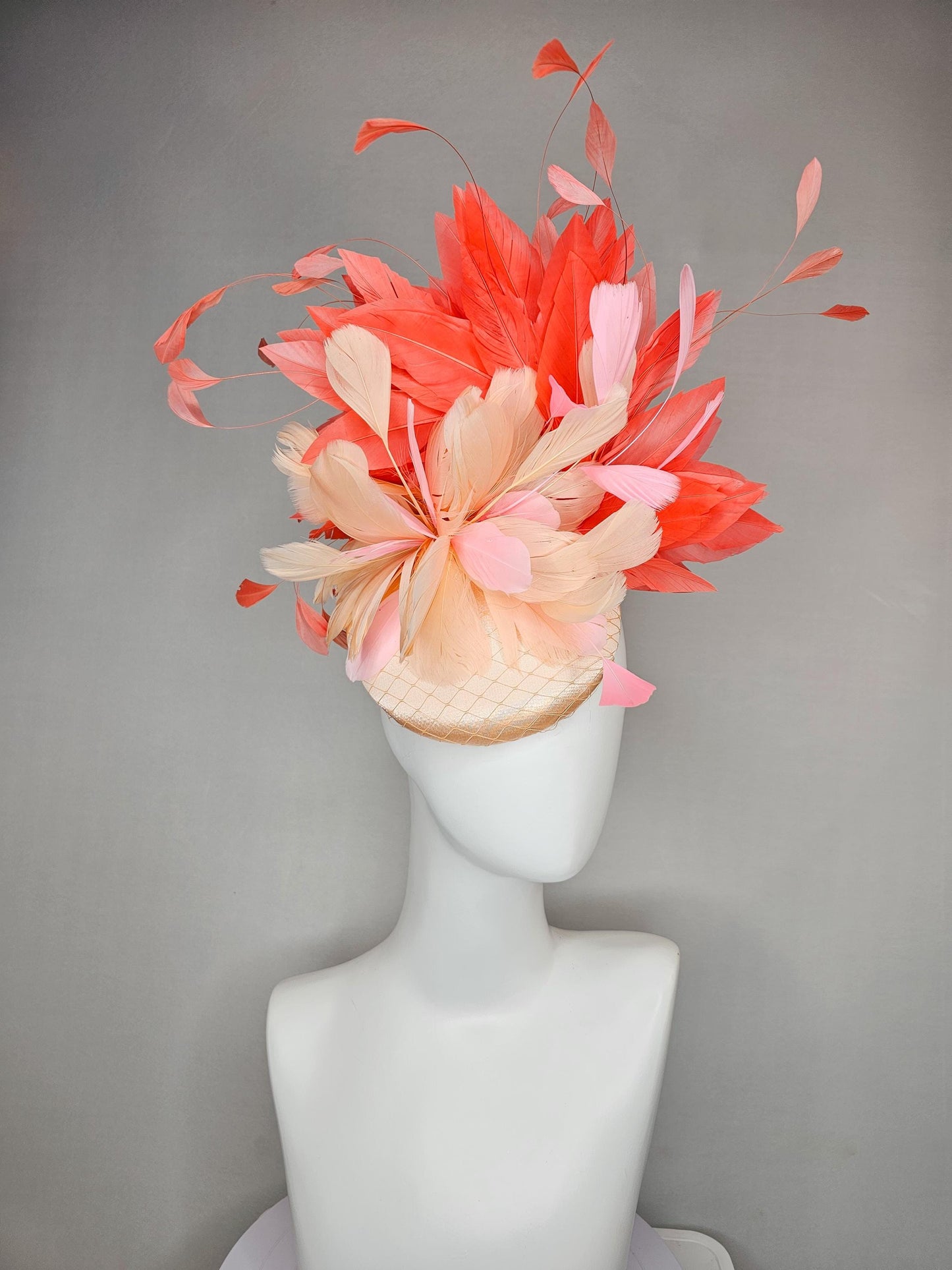 kentucky derby hat fascinator neutral beige satin with netting, fluffy neutral beige, light pink, coral orange branching feathers