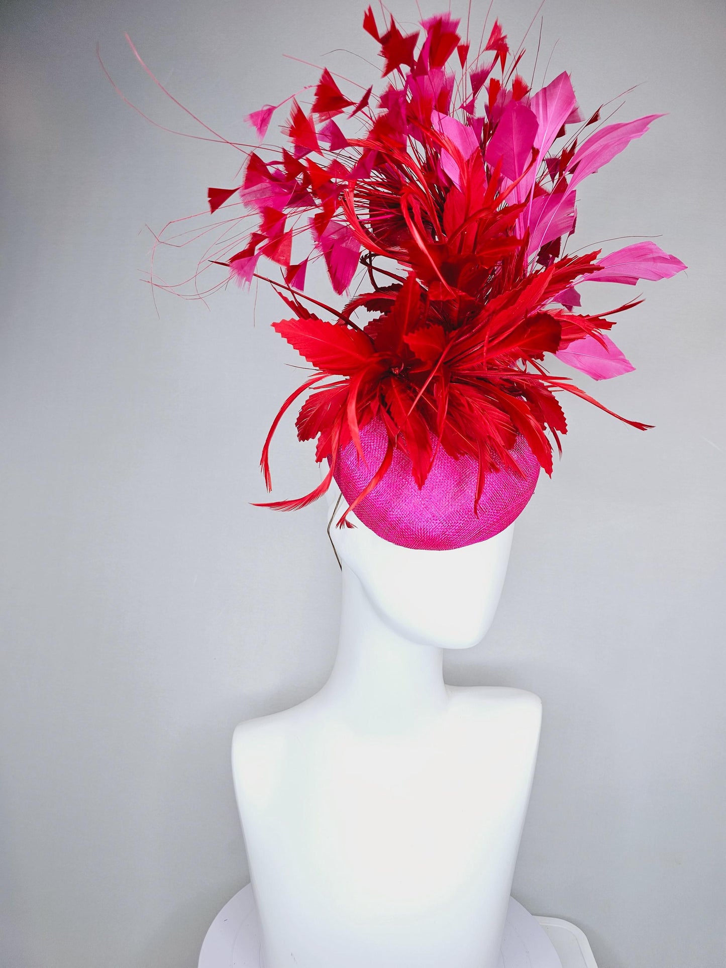 kentucky derby hat fascinator pink sinamay with fluffy zigzag scarlet red and pink branching feathers